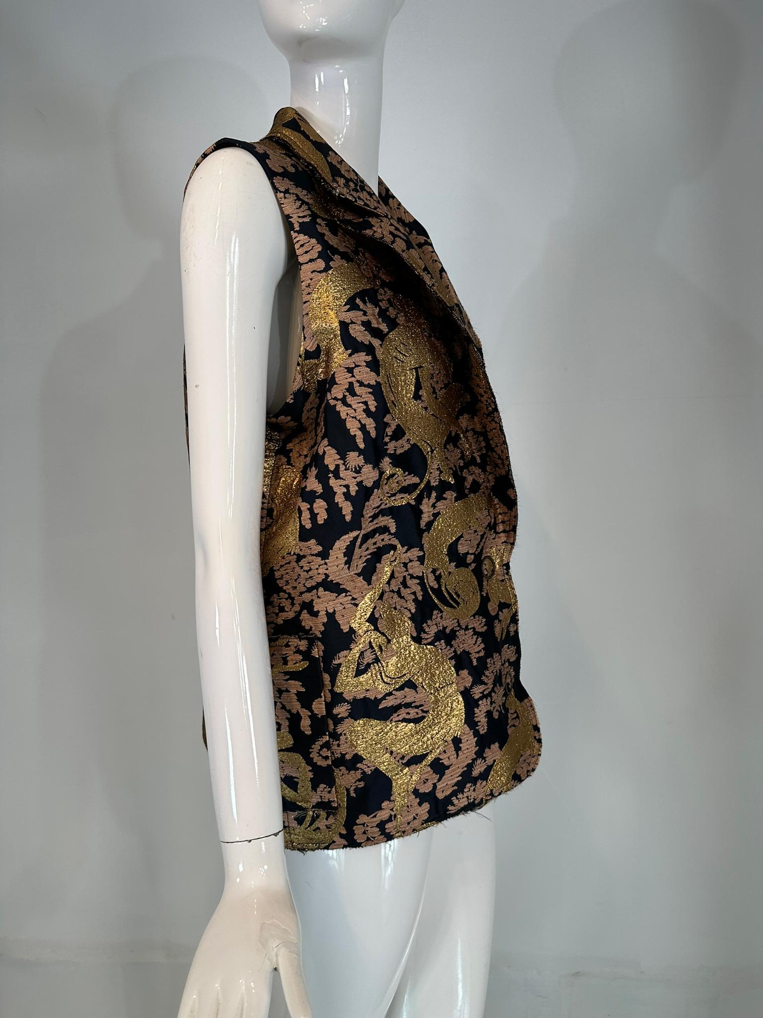 Lanvin 125 Ete 2015 Gold Brocade Monkey Oversize Vest with Pockets Cats 40 7