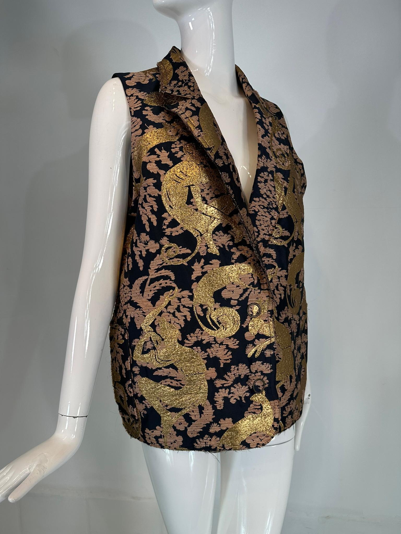 Lanvin 125 Ete 2015 Gold Brocade Monkey Oversize Vest with Pockets Cats 40 8