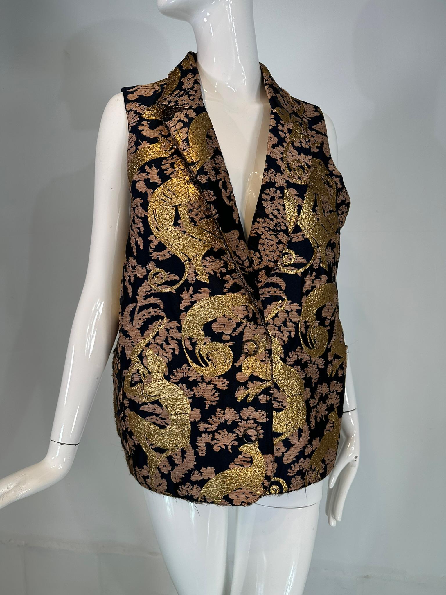 Lanvin 125 Ete 2015 Gold Brocade Monkey Oversize Vest with Pockets Cats 40 9