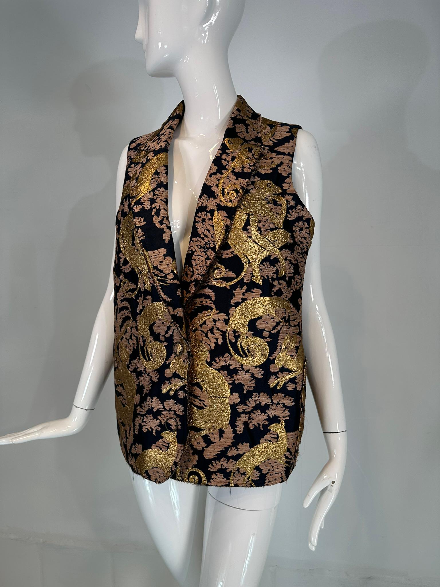 Lanvin 125 Ete 2015 year of the monkey, gold monkey brocade over size vest. Amazing brocade in with a black ground, tan floral throughout & gold monkeys, rabbits, cats & foxes. Sleeveless vest, with notched lapels, closes at the lower waist with