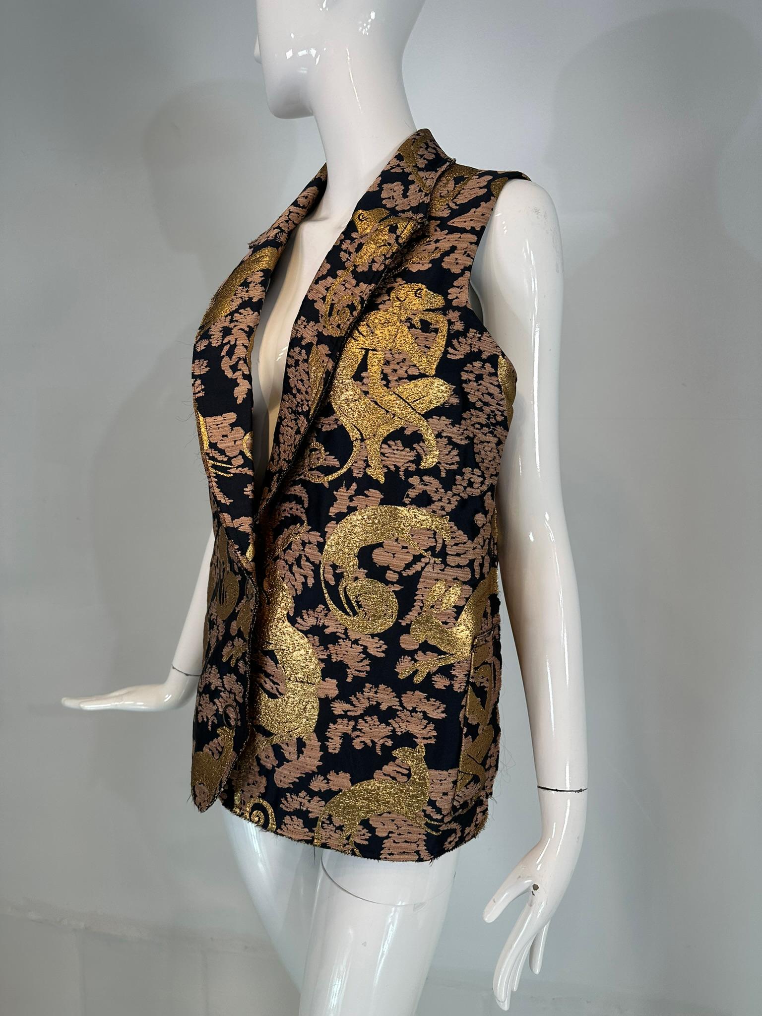 Black Lanvin 125 Ete 2015 Gold Brocade Monkey Oversize Vest with Pockets Cats 40
