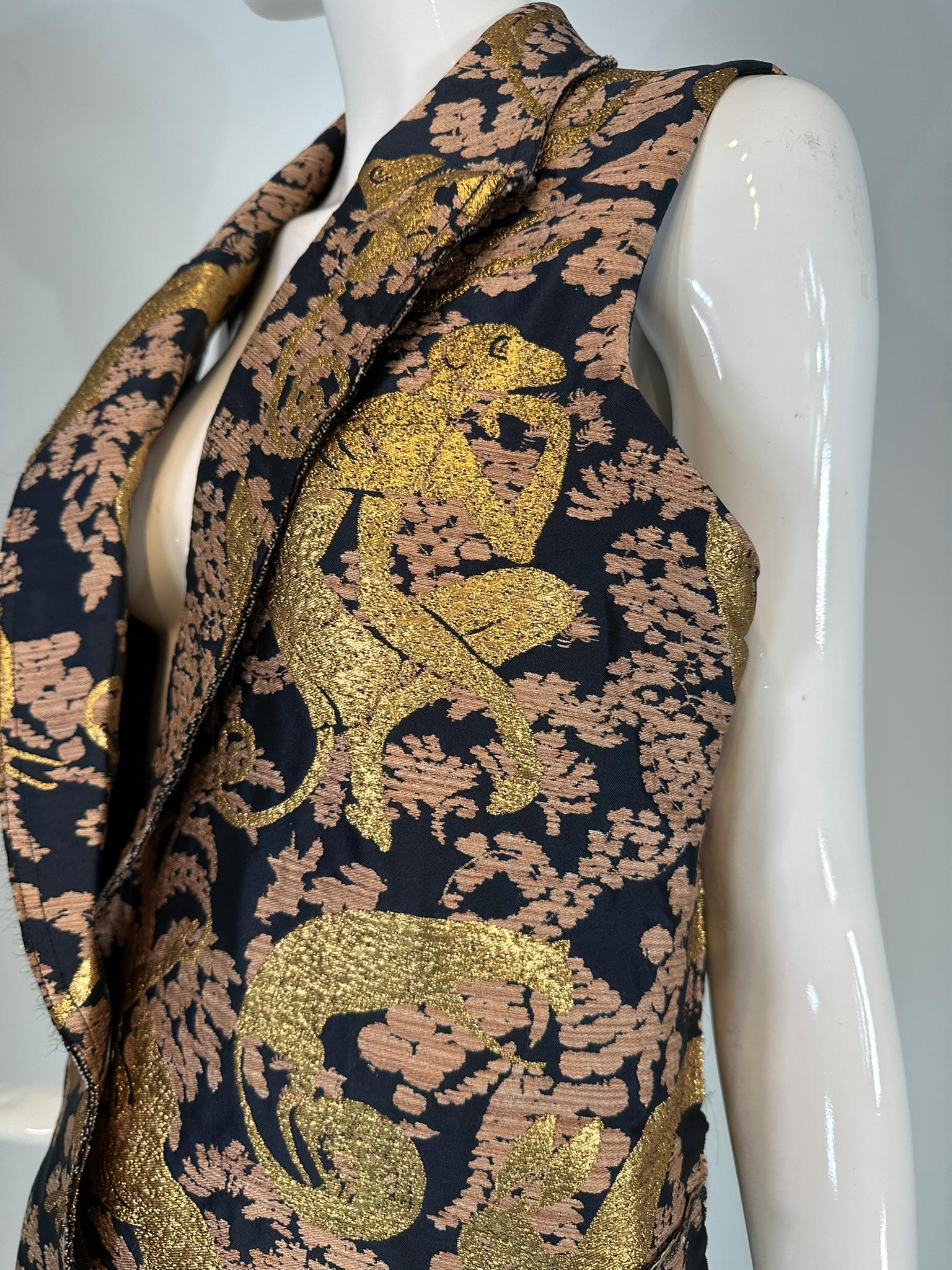 Lanvin 125 Ete 2015 Gold Brocade Monkey Oversize Vest with Pockets Cats 40 In Good Condition In West Palm Beach, FL