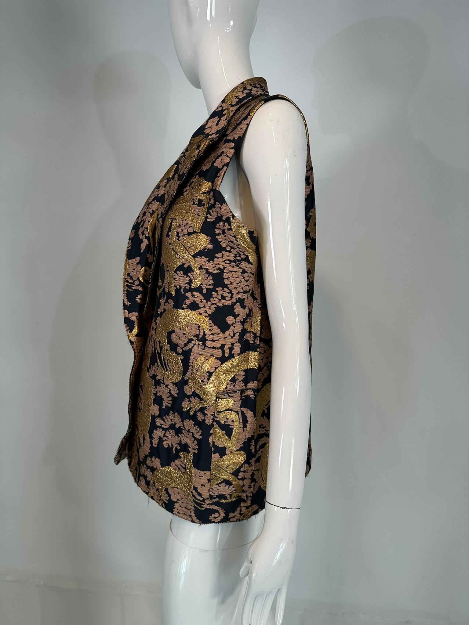 Women's Lanvin 125 Ete 2015 Gold Brocade Monkey Oversize Vest with Pockets Cats 40