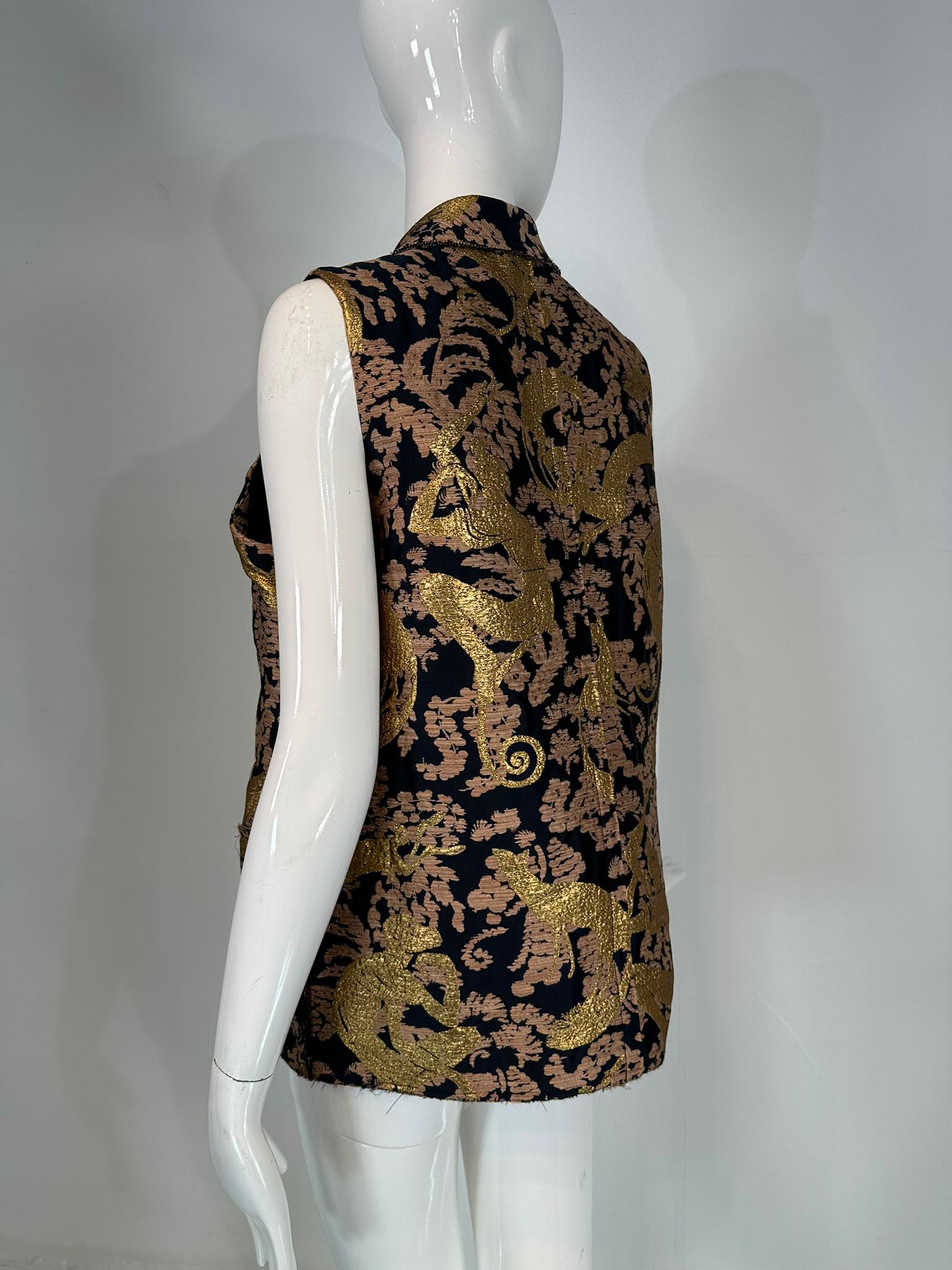 Lanvin 125 Ete 2015 Gold Brocade Monkey Oversize Vest with Pockets Cats 40 2