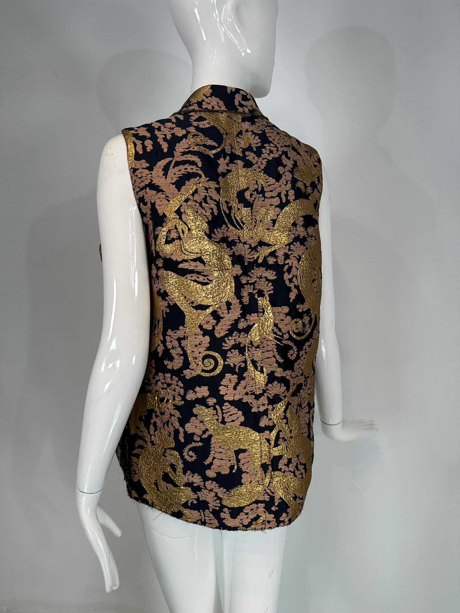 Lanvin 125 Ete 2015 Gold Brocade Monkey Oversize Vest with Pockets Cats 40 3