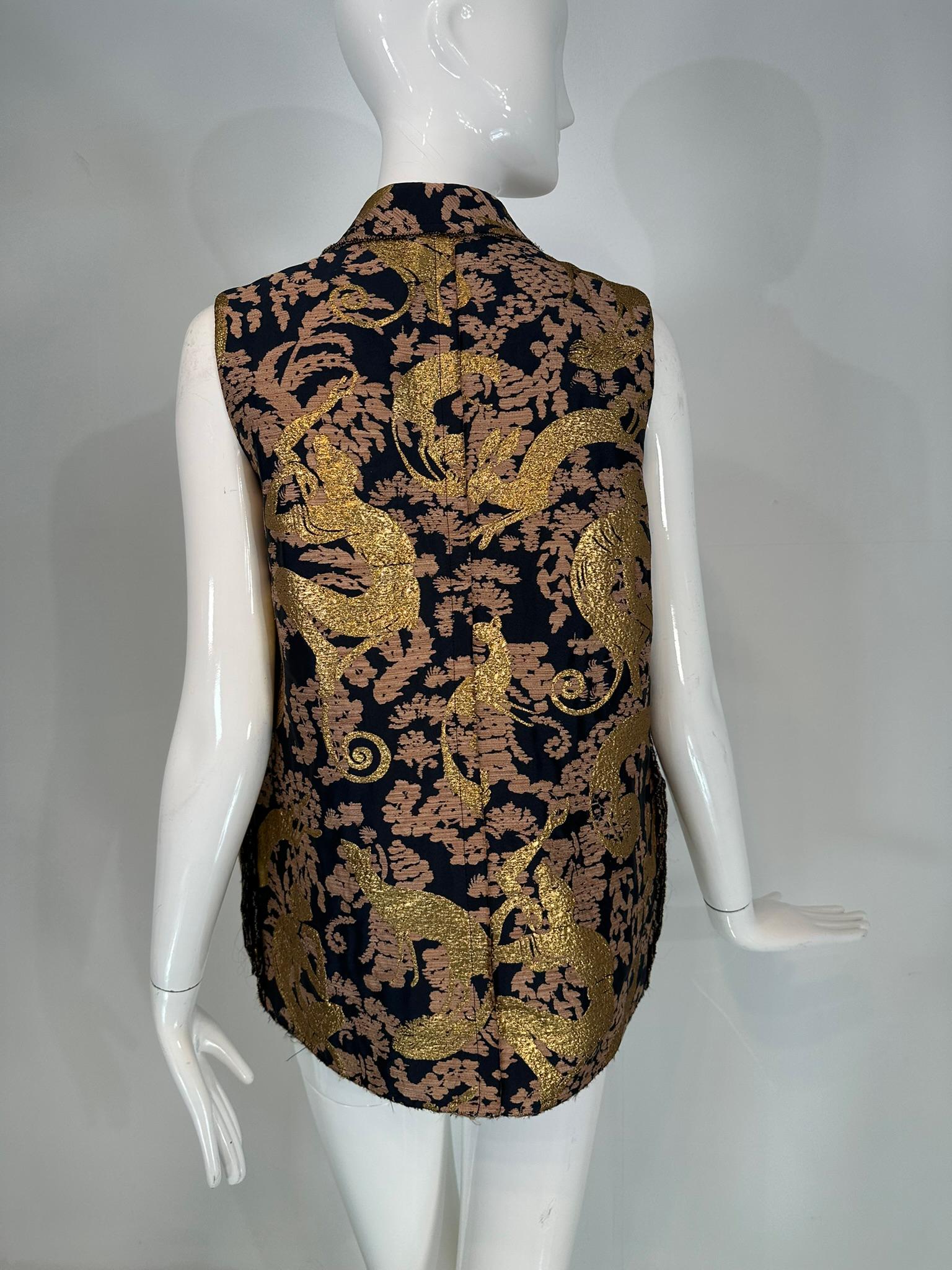 Lanvin 125 Ete 2015 Gold Brocade Monkey Oversize Vest with Pockets Cats 40 4
