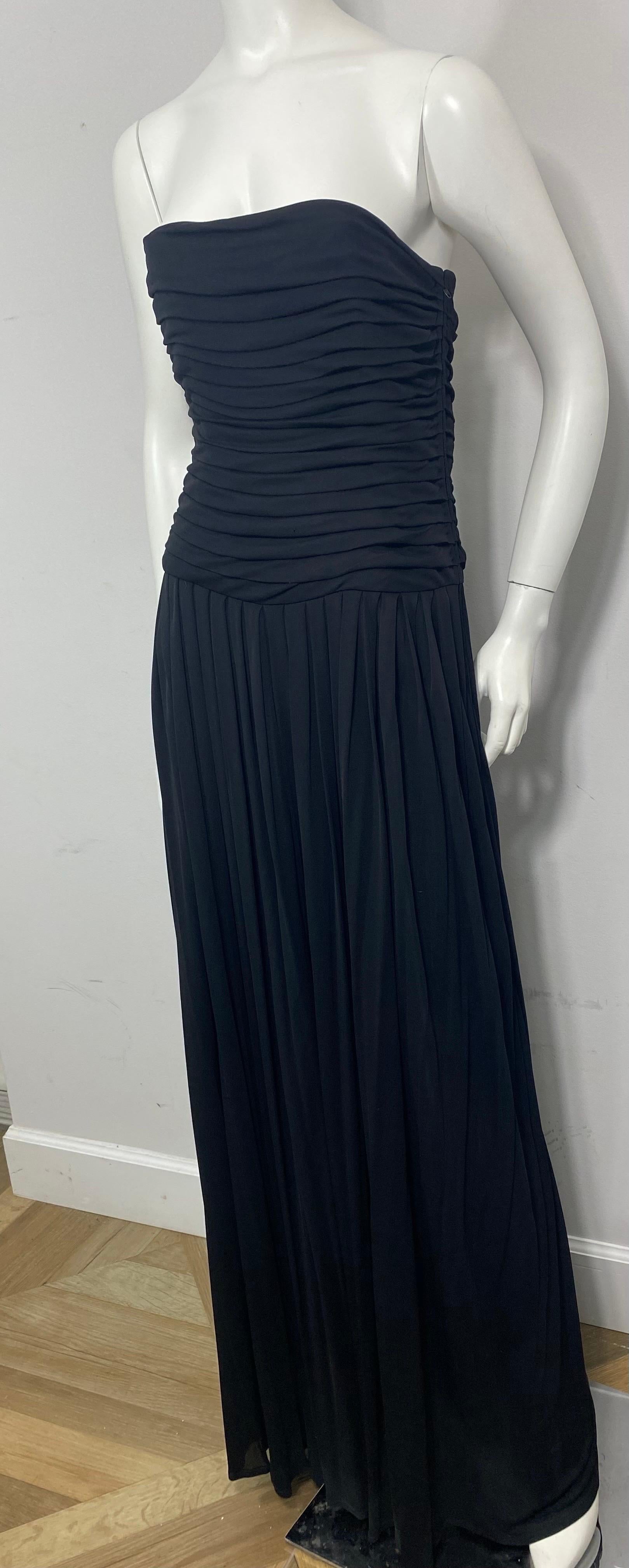 Lanvin 1970’s Black Shutter Pleat Matte Jersey Strapless Long Dress-Size 40 In Good Condition For Sale In West Palm Beach, FL