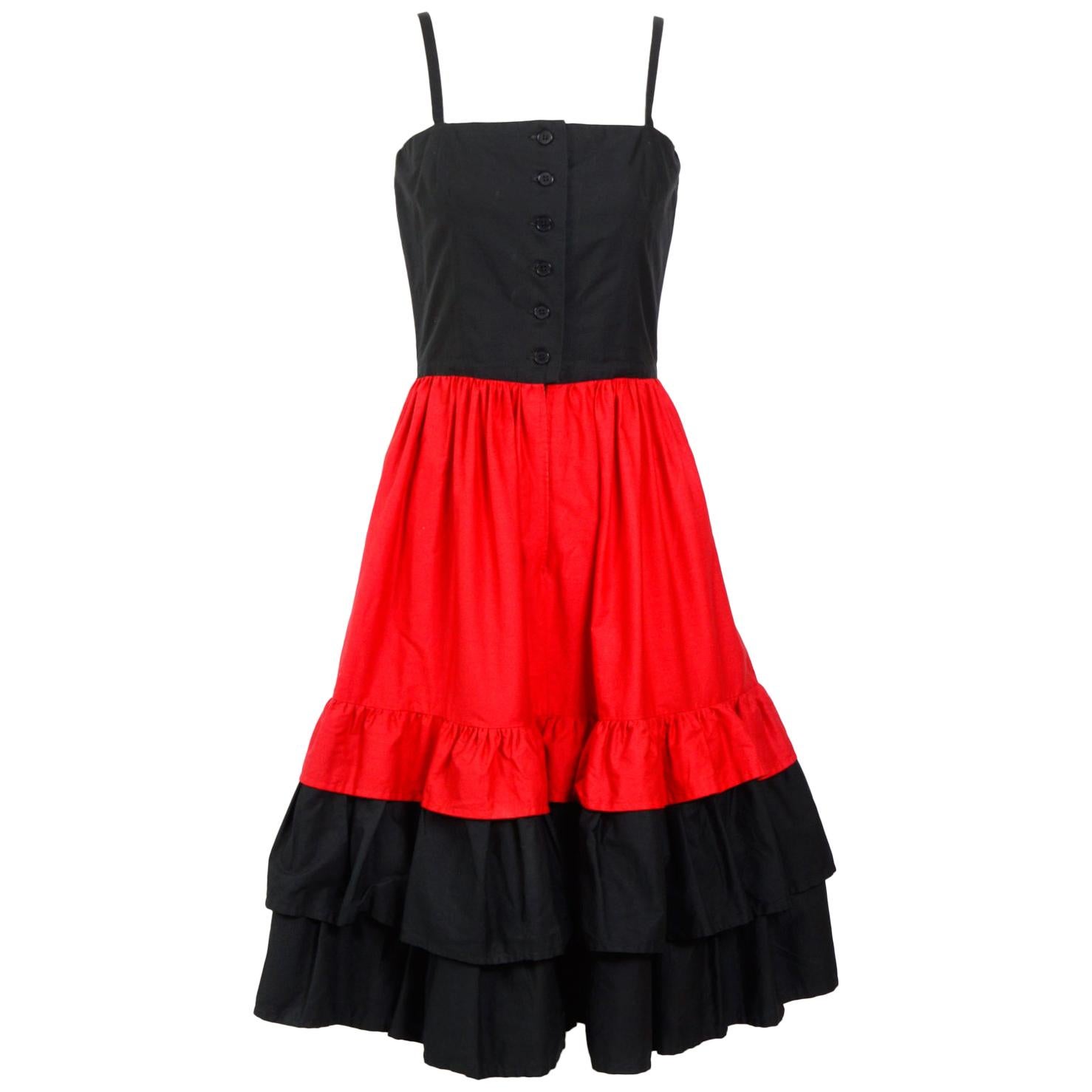 Lanvin vintage 1970s cotton red and black ruffle skirt dress For Sale