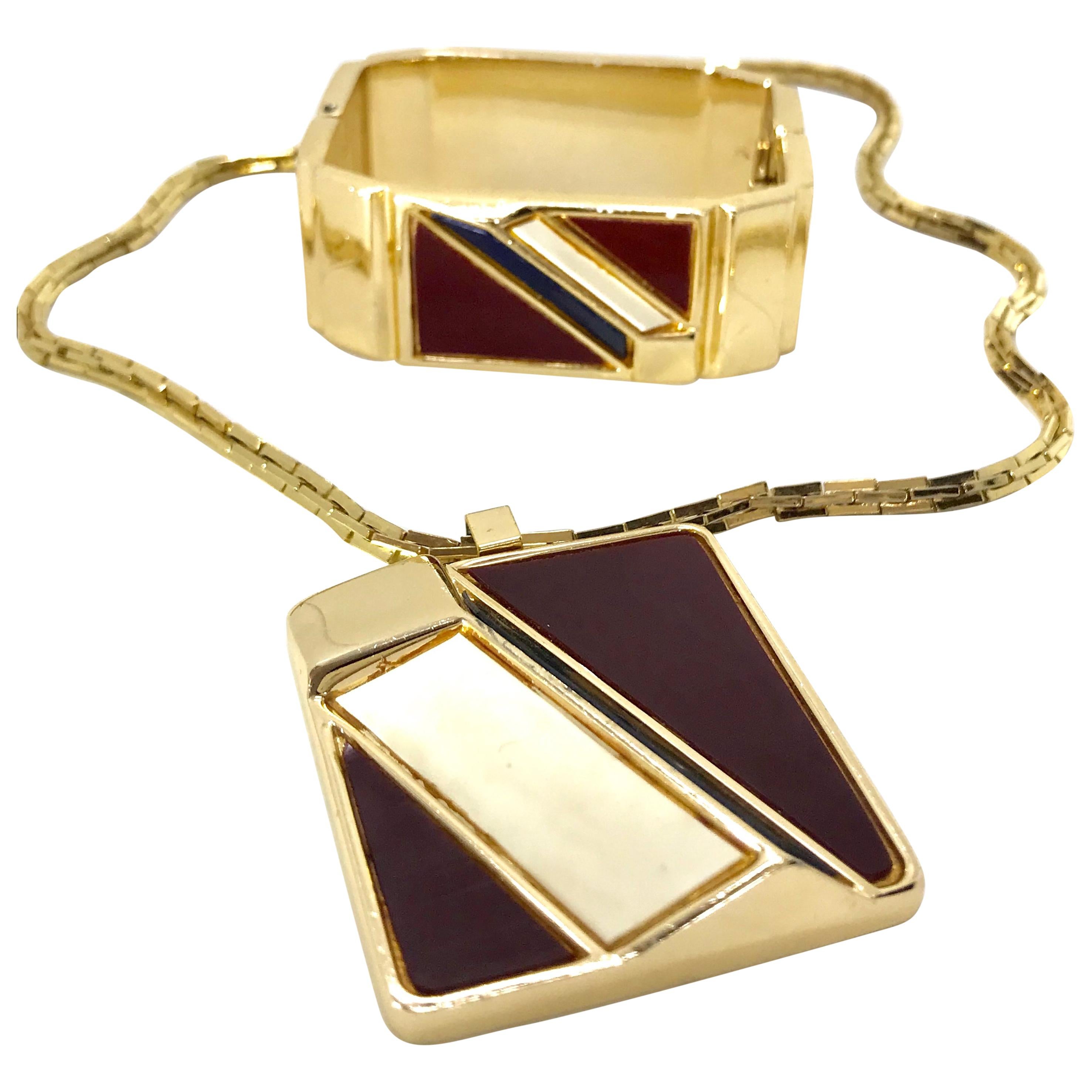 Lanvin 1970s Modernist enamel bangle bracelet and pendant set For Sale