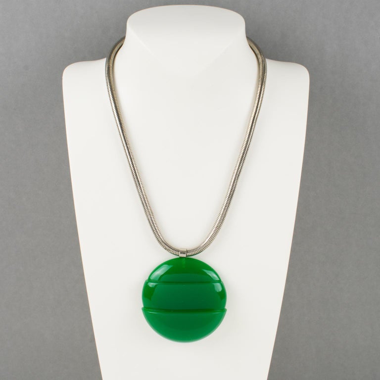 Lanvin 1970s Modernist Green Lucite Medallion Necklace with Snake Chain In Excellent Condition For Sale In Atlanta, GA