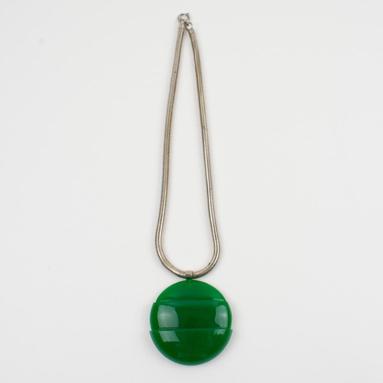 Women's Lanvin 1970s Modernist Green Lucite Medallion Necklace with Snake Chain For Sale