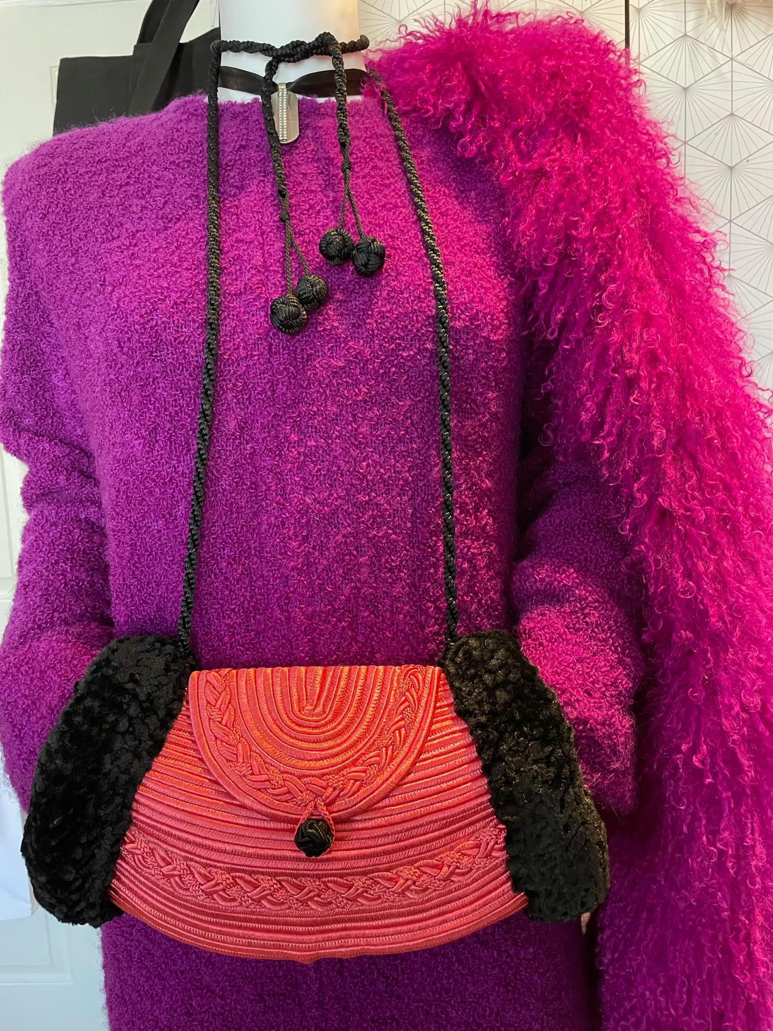 LANVIN 1970s Vintage Pink-Black Trimmings Fur Muff Shoulder Bag Russian Style In Good Condition For Sale In London, GB
