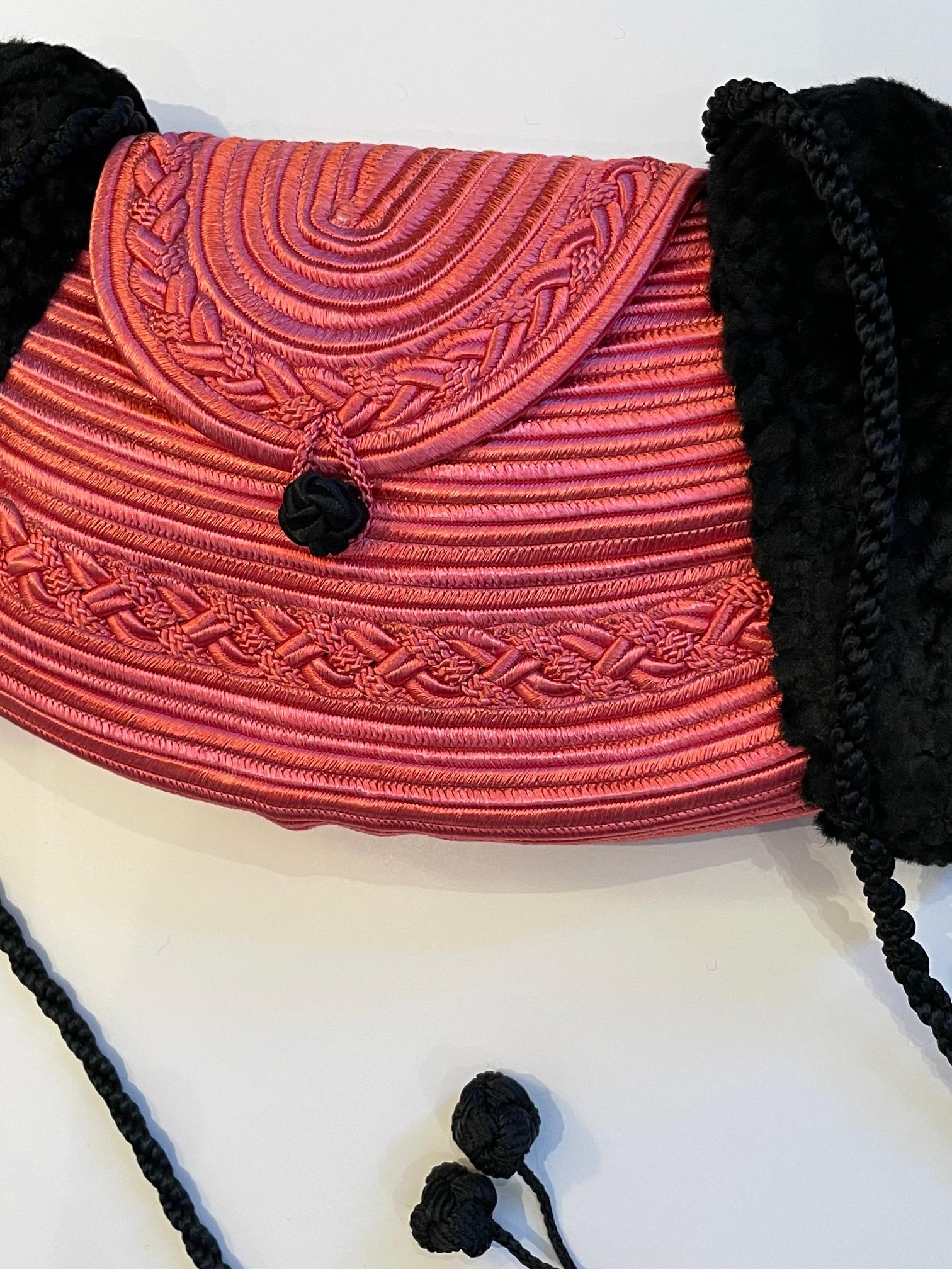 LANVIN 1970s Vintage Pink-Black Trimmings Fur Muff Shoulder Bag Russian Style For Sale 2