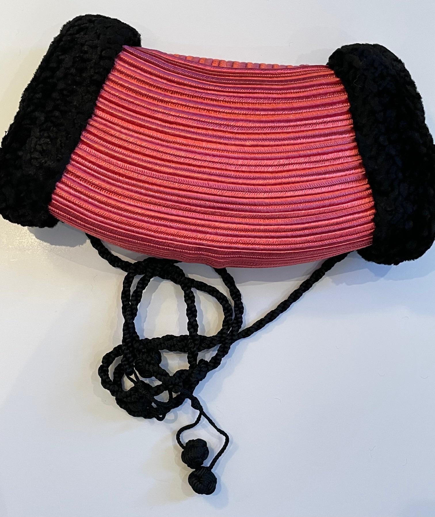 LANVIN 1970s Vintage Pink-Black Trimmings Fur Muff Shoulder Bag Russian Style For Sale 3