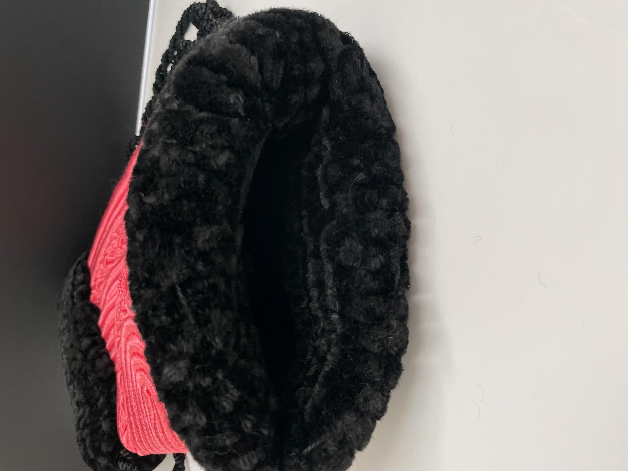 LANVIN 1970s Vintage Pink-Black Trimmings Fur Muff Shoulder Bag Russian Style For Sale 5