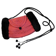 LANVIN 1970s Vintage Pink-Black Trimmings Fur Muff Shoulder Bag Russian Style