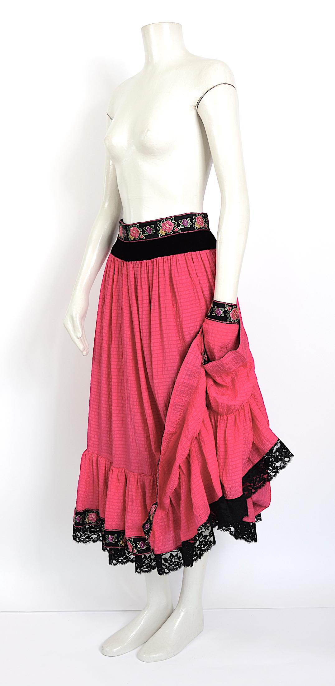 Red Lanvin 1970s vintage silk boho peasant style skirt For Sale