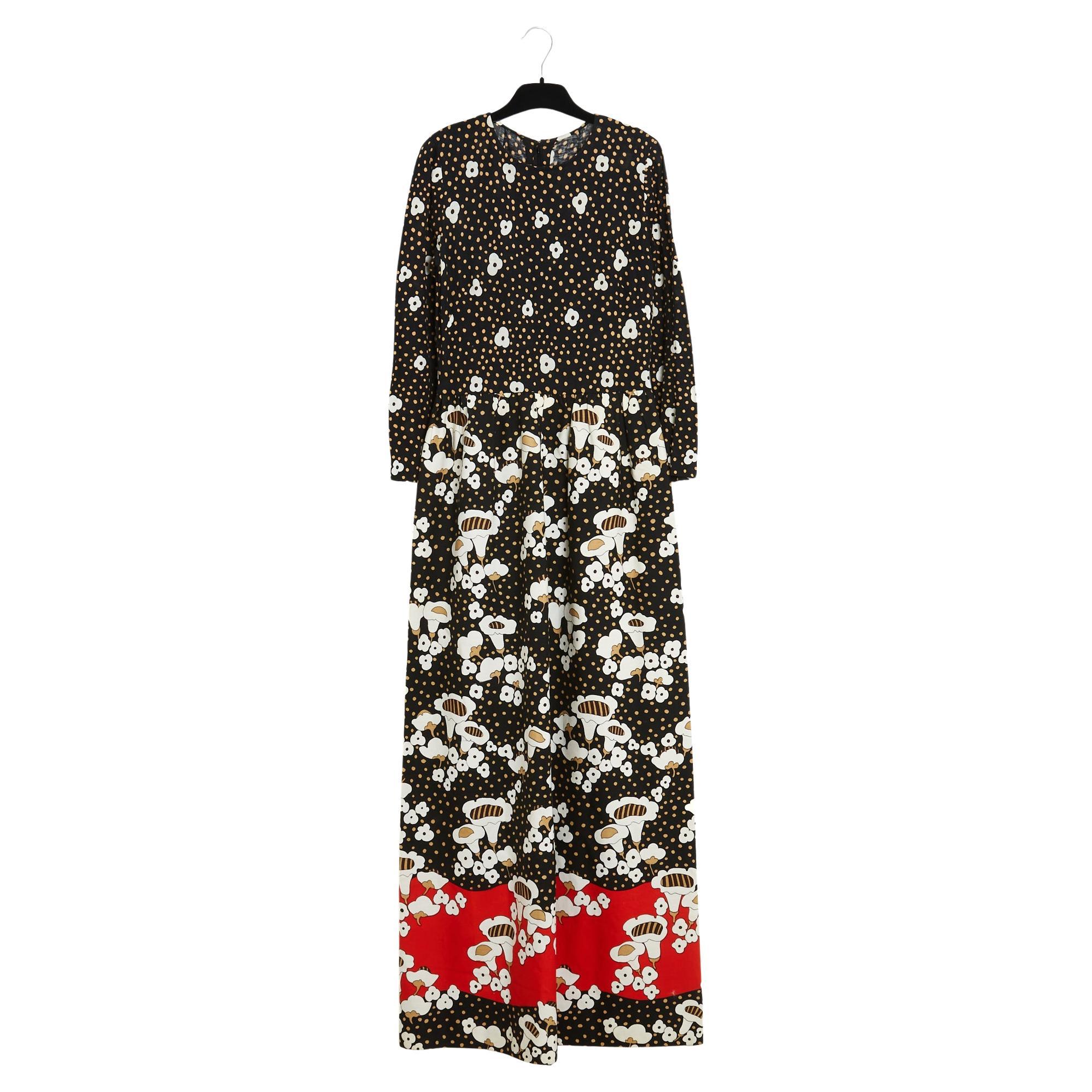 Lanvin 1972 Robe Maxi FR38 Black Cotton Jersey Canvas Mushrooms UK10 US8 For Sale