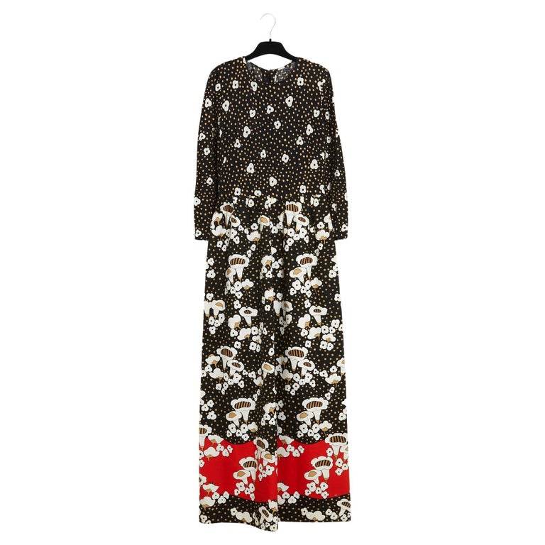 Lanvin 1972 Robe Maxi FR38 Black Cotton Jersey Canvas Mushrooms UK10 US8  For Sale at 1stDibs