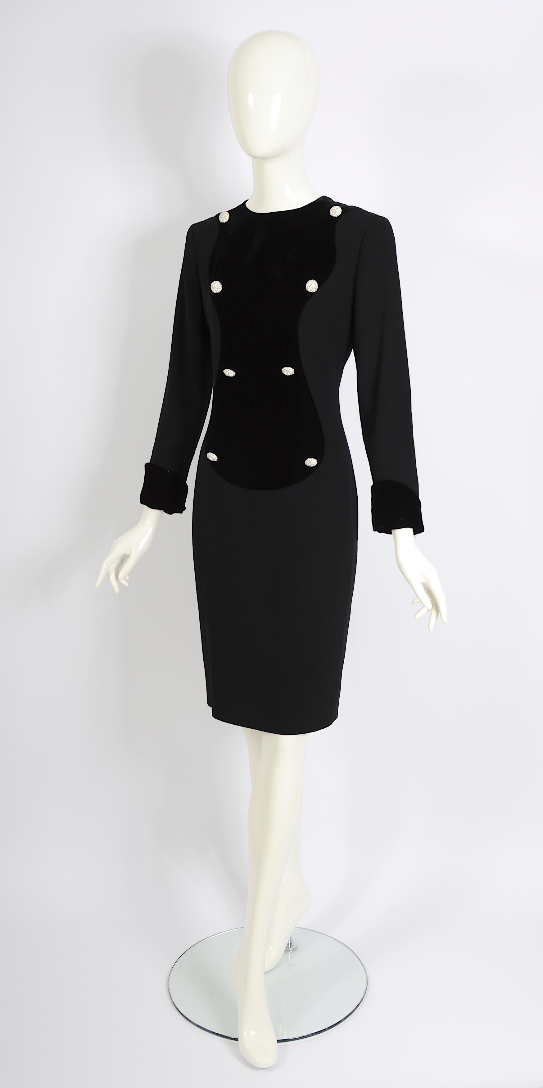 Vintage 1980s Lanvin black wool crepe with a velvet detail embellished with rhinestones button at the front 
and cuffs.
French size 38 in excellent condition.
Measurements taken flat:
Sh to Sh 16inch/41cm - Ua to Ua 18inch/46cm(x2) - Waist