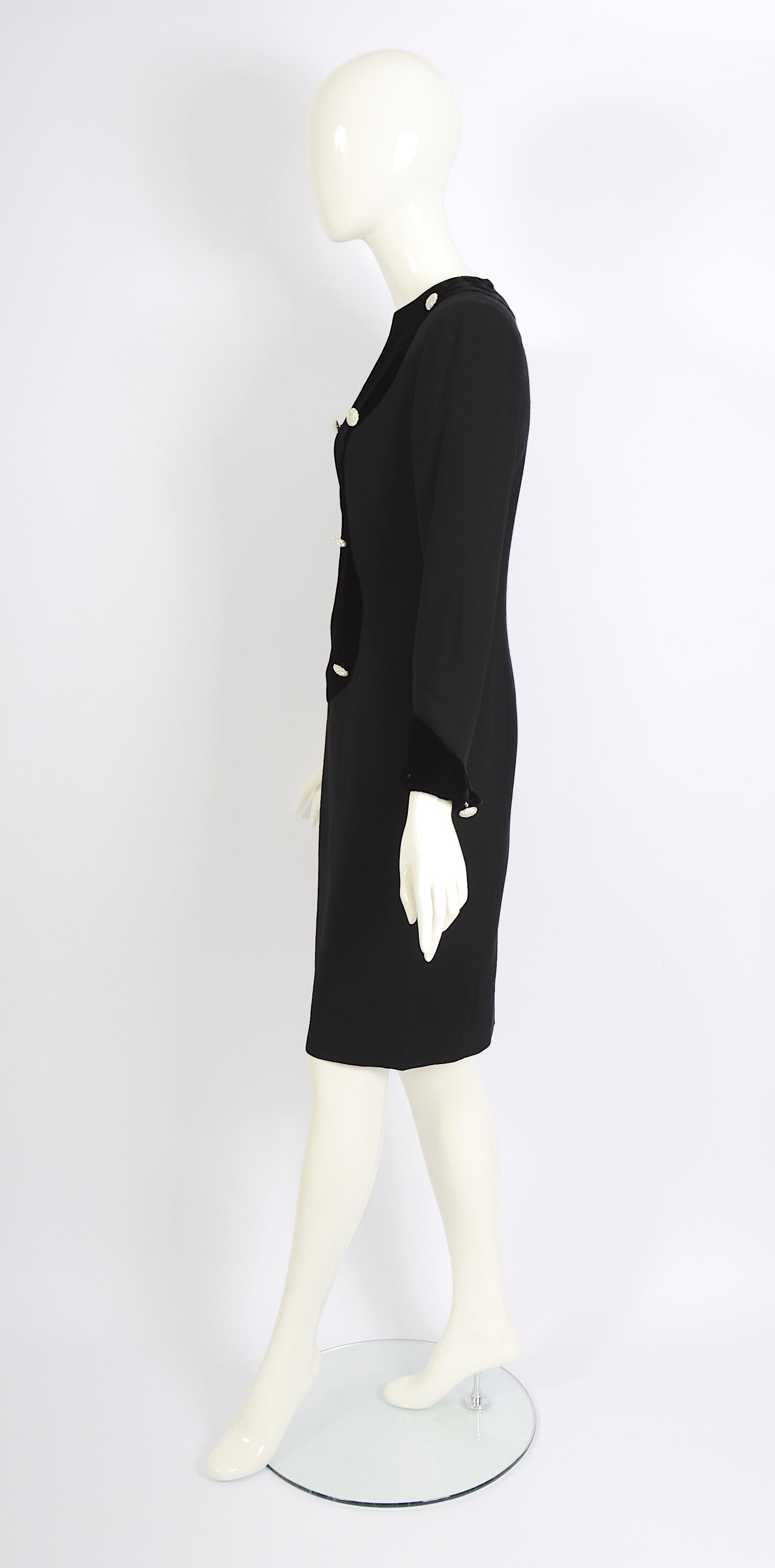 Black Lanvin 1980s black crepe & velvet front detail embellished rhinestones buttons For Sale