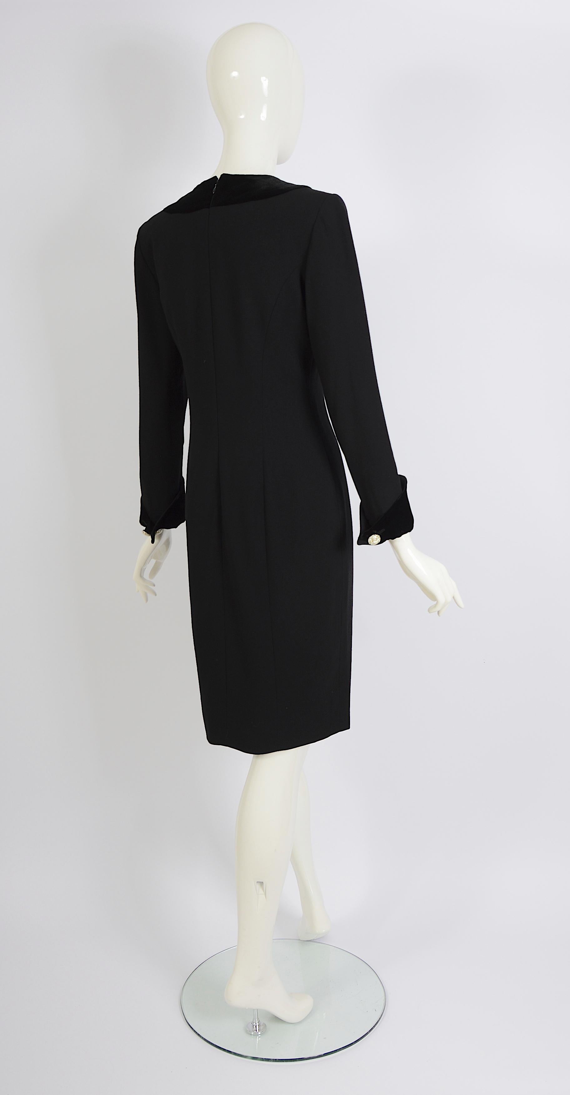 Lanvin 1980s black crepe & velvet front detail embellished rhinestones buttons For Sale 1