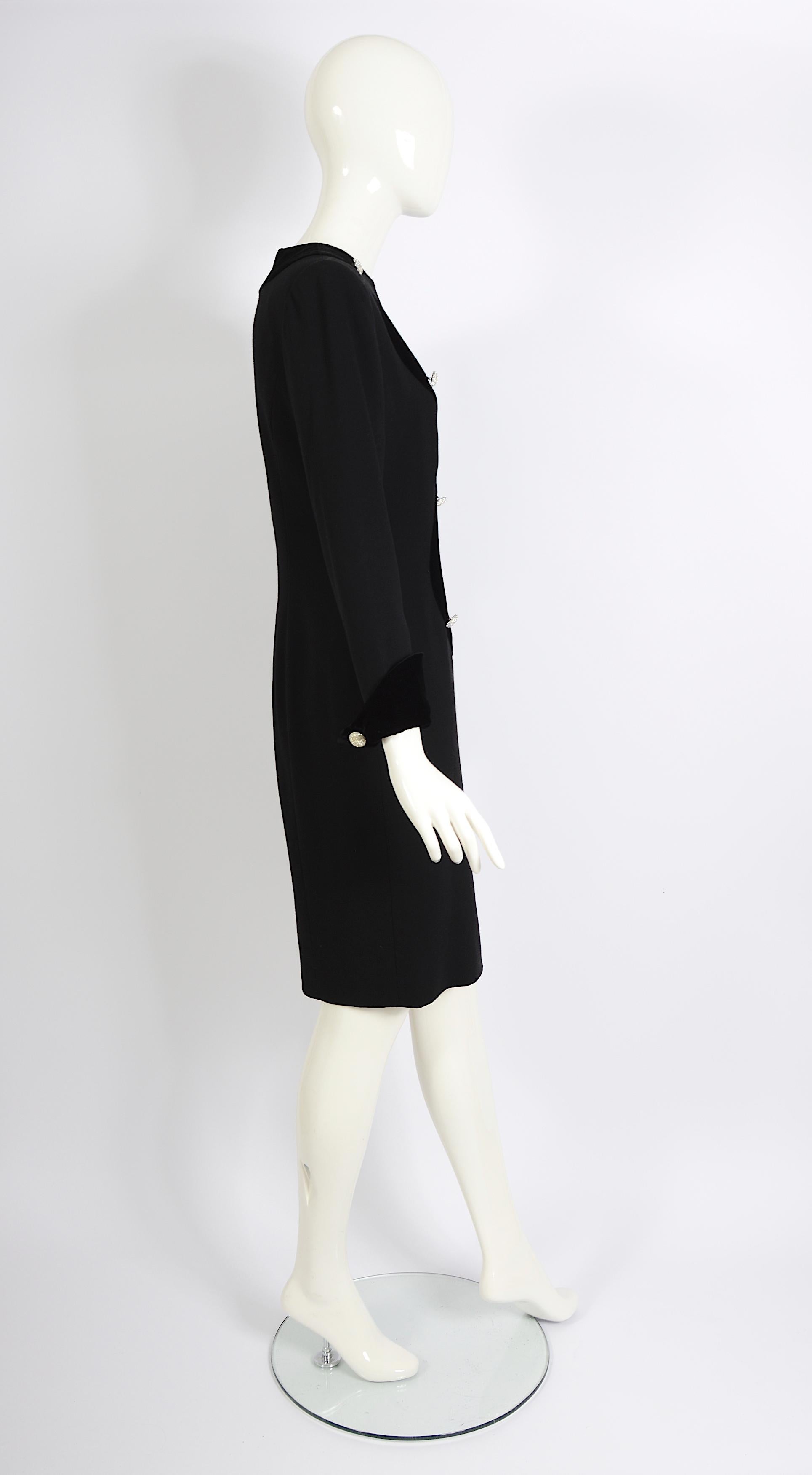 Lanvin 1980s black crepe & velvet front detail embellished rhinestones buttons For Sale 2