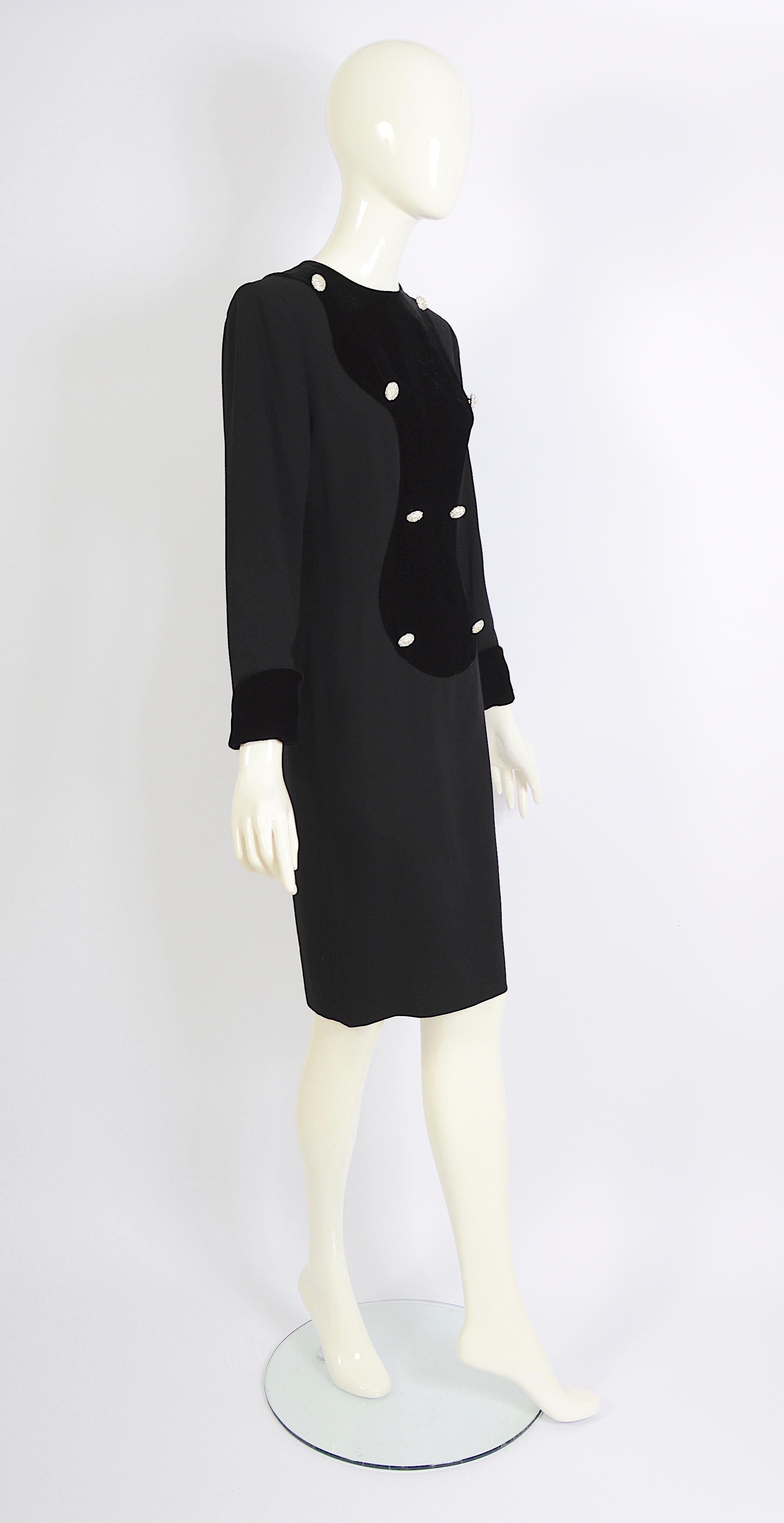 Lanvin 1980s black crepe & velvet front detail embellished rhinestones buttons For Sale 3