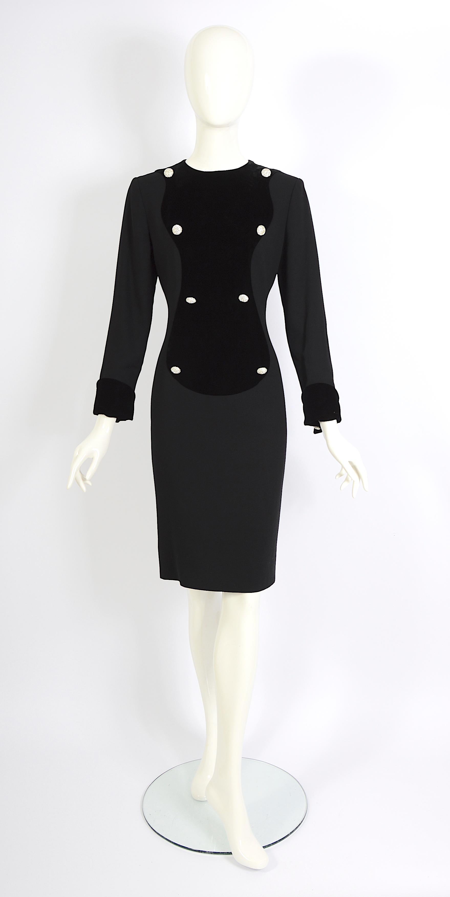 Lanvin 1980s black crepe & velvet front detail embellished rhinestones buttons For Sale 4