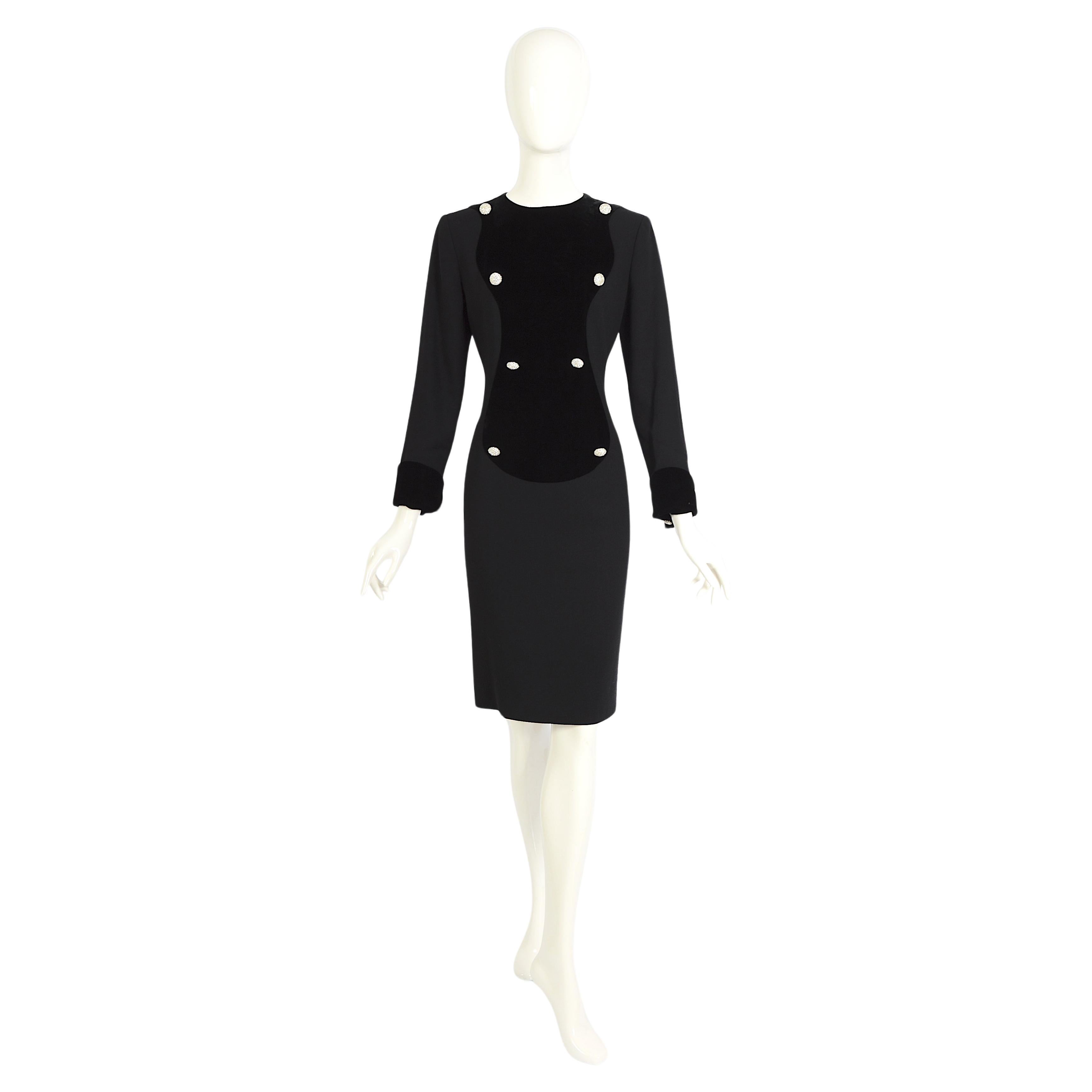 Lanvin 1980s black crepe & velvet front detail embellished rhinestones buttons For Sale