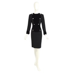 Lanvin 1980s black crepe & velvet front detail embellished rhinestones buttons