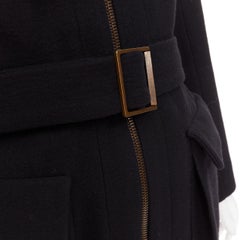 LANVIN 2003 black wool cargo pocket belted high neck zip front long coat FR36 S