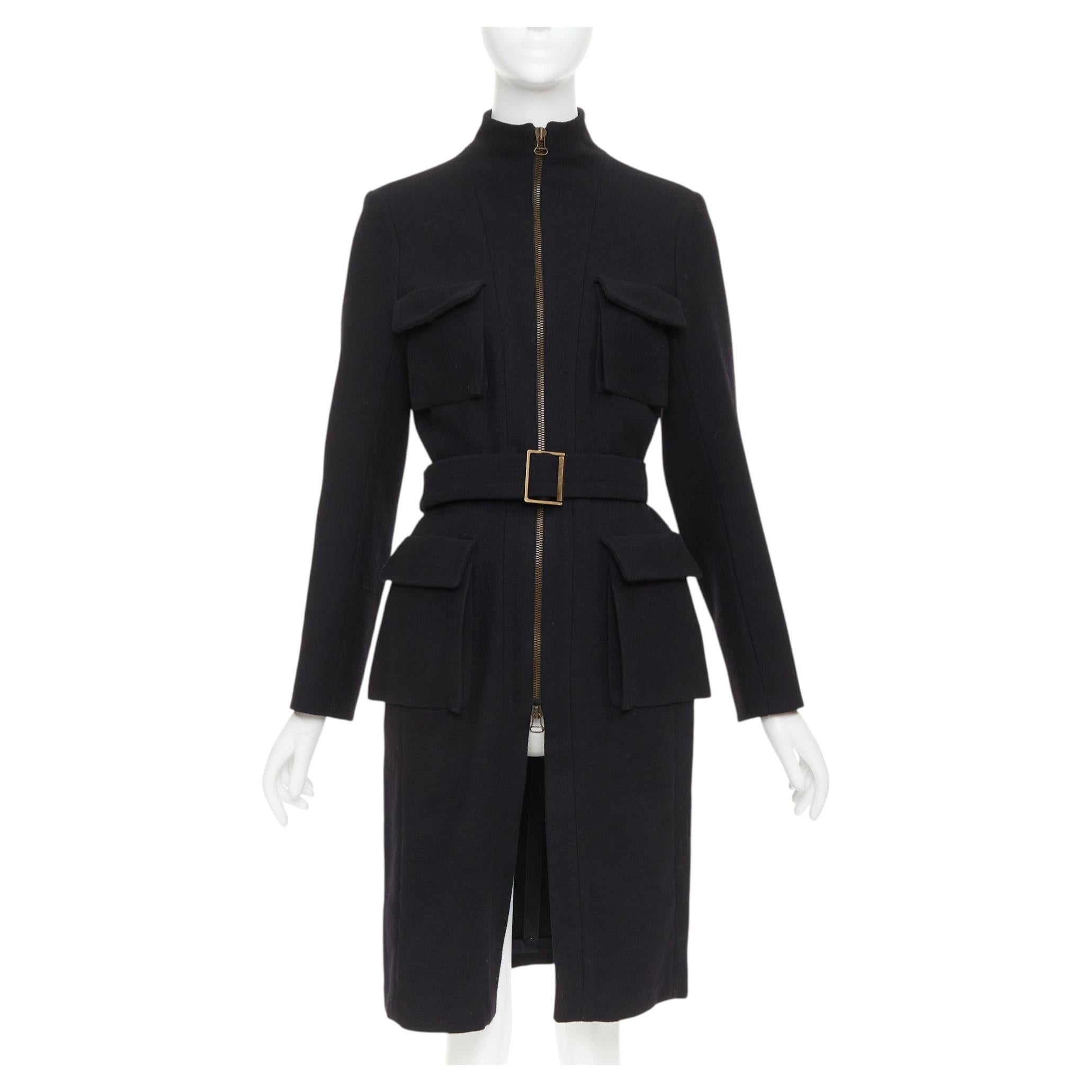 LANVIN 2003 black wool cargo pocket belted high neck zip front long coat FR36 S For Sale