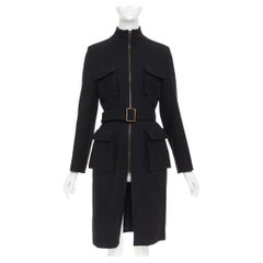 LANVIN 2003 black wool cargo pocket belted high neck zip front long coat FR36 S