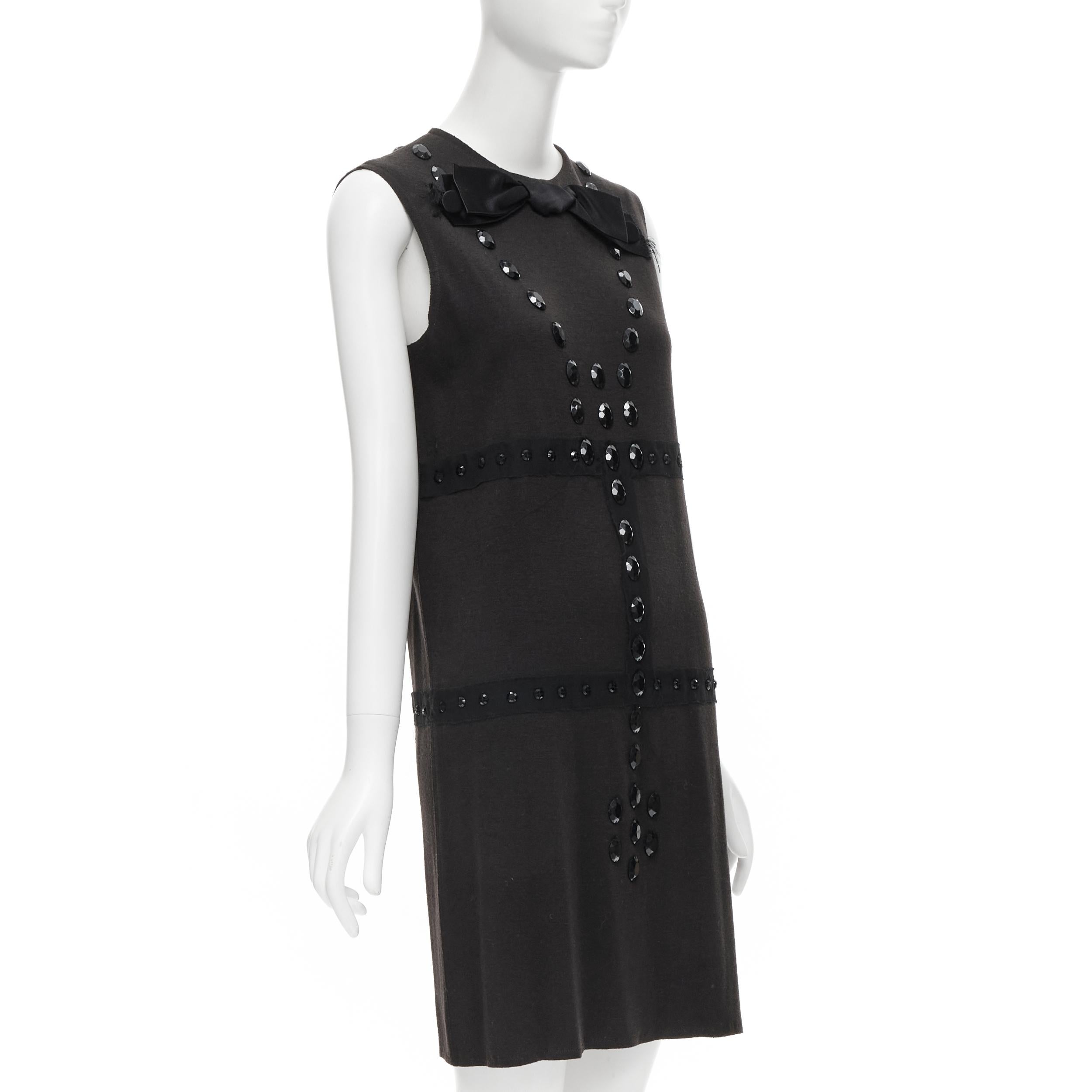 LANVIN 2004 Alber Elbaz brown wool black jewel embellished sheath dress FR38 S In Excellent Condition For Sale In Hong Kong, NT