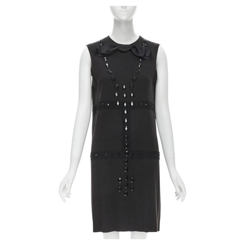LANVIN 2004 Alber Elbaz brown wool black jewel embellished sheath dress FR38 S For Sale