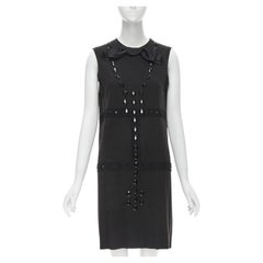 LANVIN 2004 Alber Elbaz robe fourreau en laine brune noire ornée de bijoux FR38 S