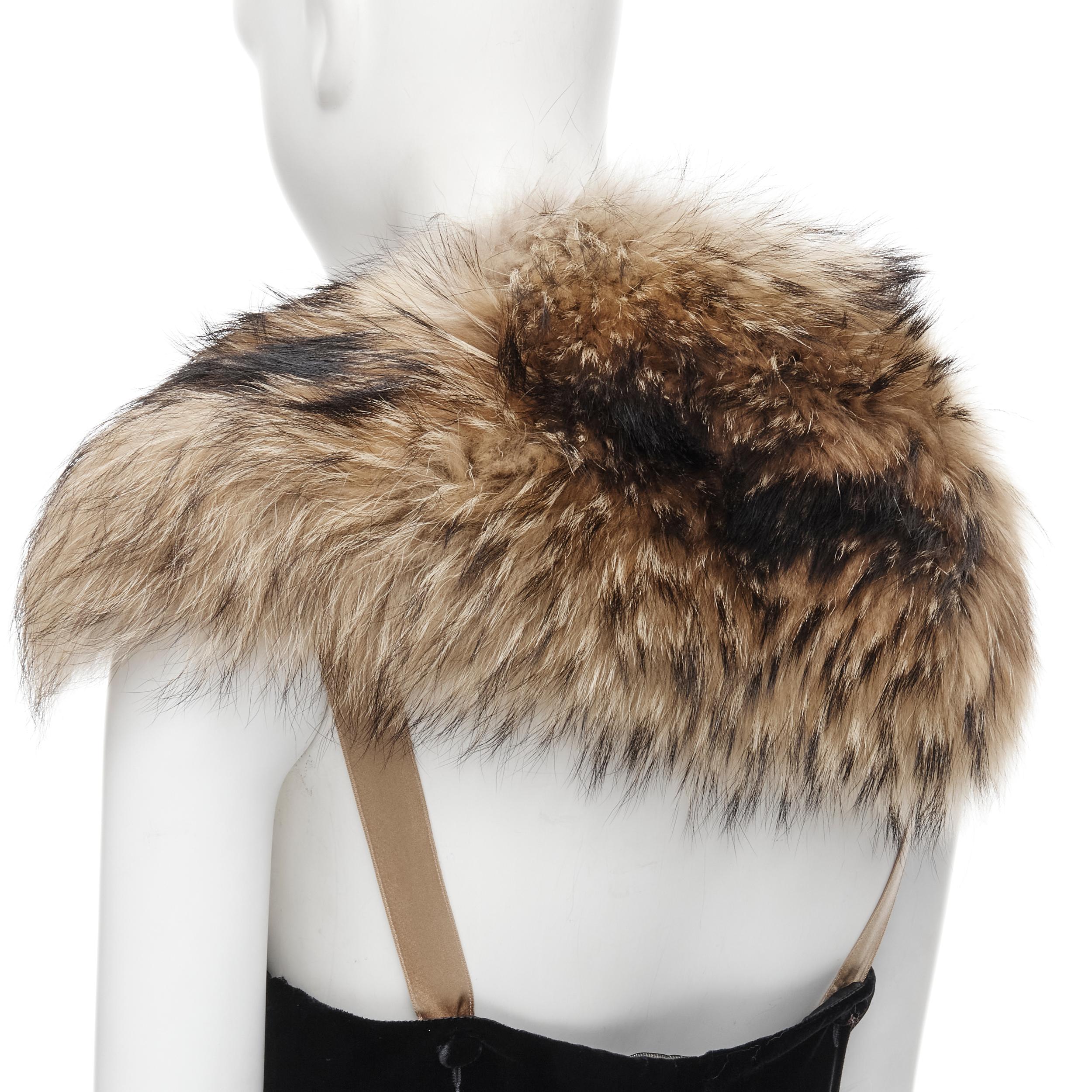 LANVIN 2004 fur shawl collar black velvet raw cut high low gown dress FR38 S 
Reference: CELG/A00091 
Brand: Lanvin 
Designer: Alber ELbaz 
Collection: Fall Winter 2004 
Material: Velvet 
Color: Black 
Pattern: Solid 
Closure: Zip 
Extra Detail: