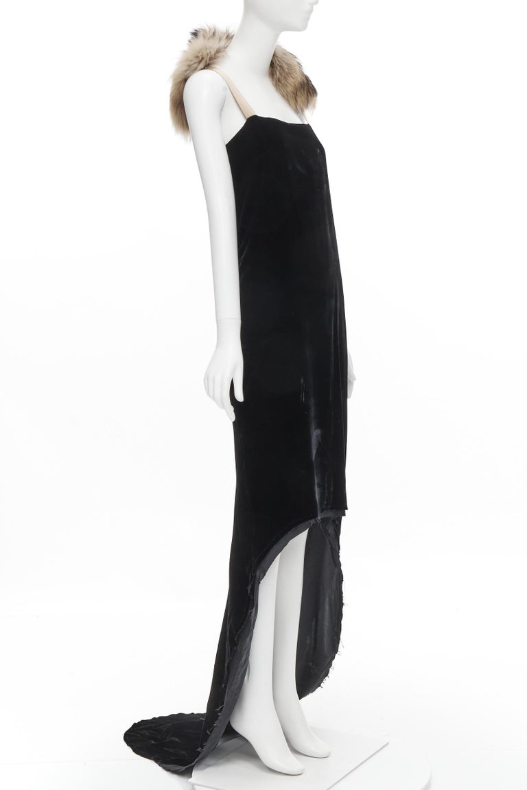 LANVIN 2004 fur shawl collar black velvet raw cut high low gown dress FR38  S at 1stDibs | evening gown with fur shawl