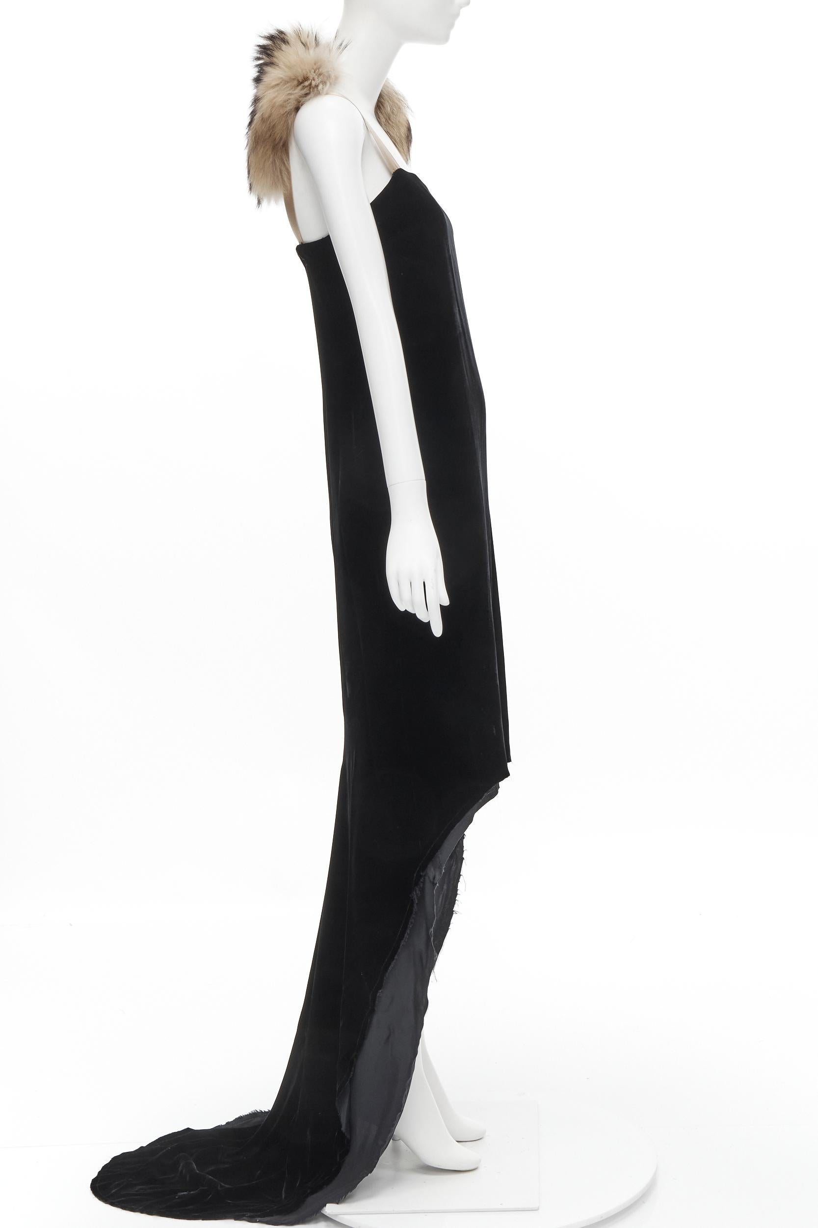 Black LANVIN 2004 fur shawl collar black velvet raw cut high low gown dress FR38 S