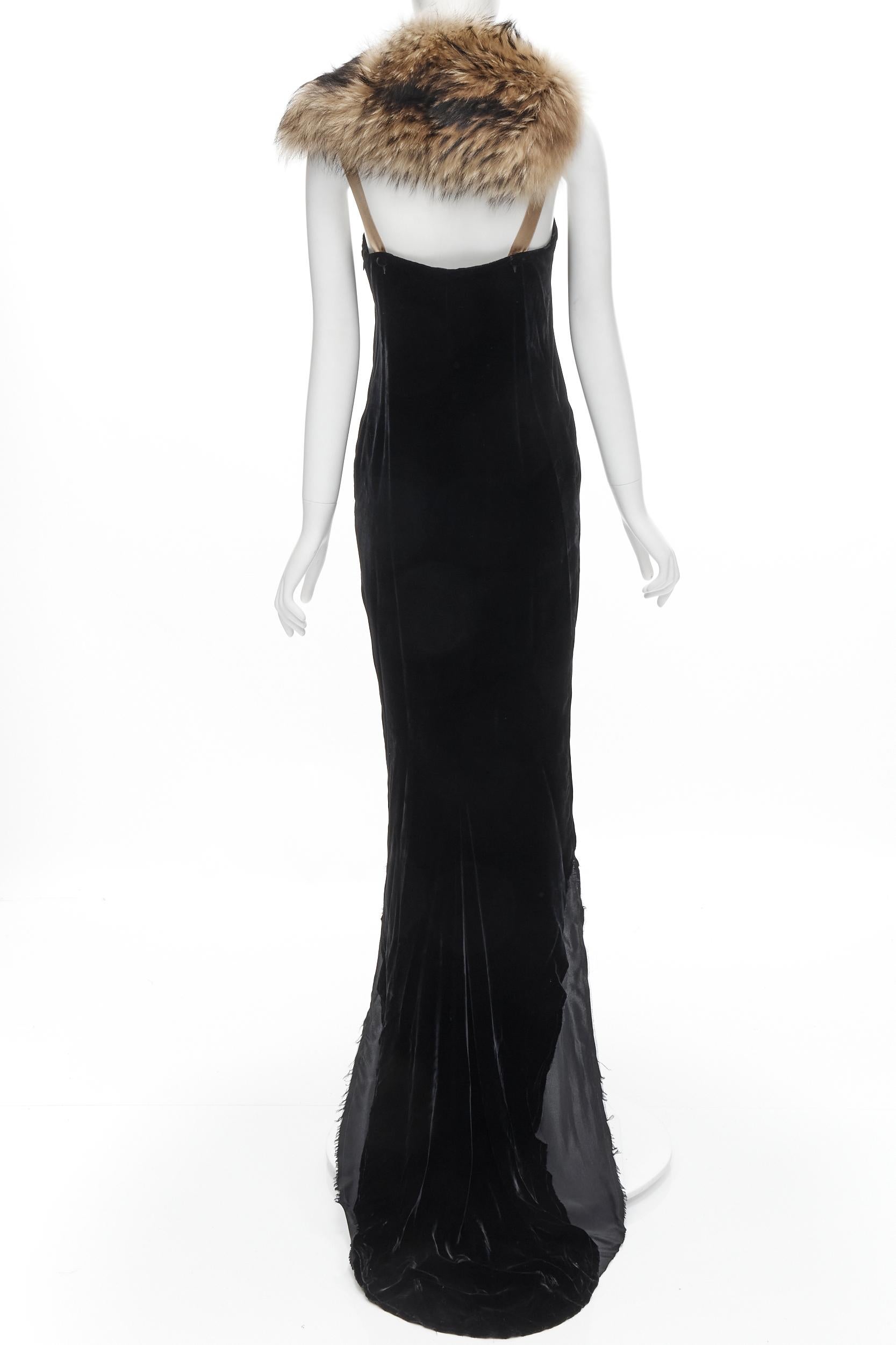 LANVIN 2004 fur shawl collar black velvet raw cut high low gown dress FR38 S In Good Condition In Hong Kong, NT