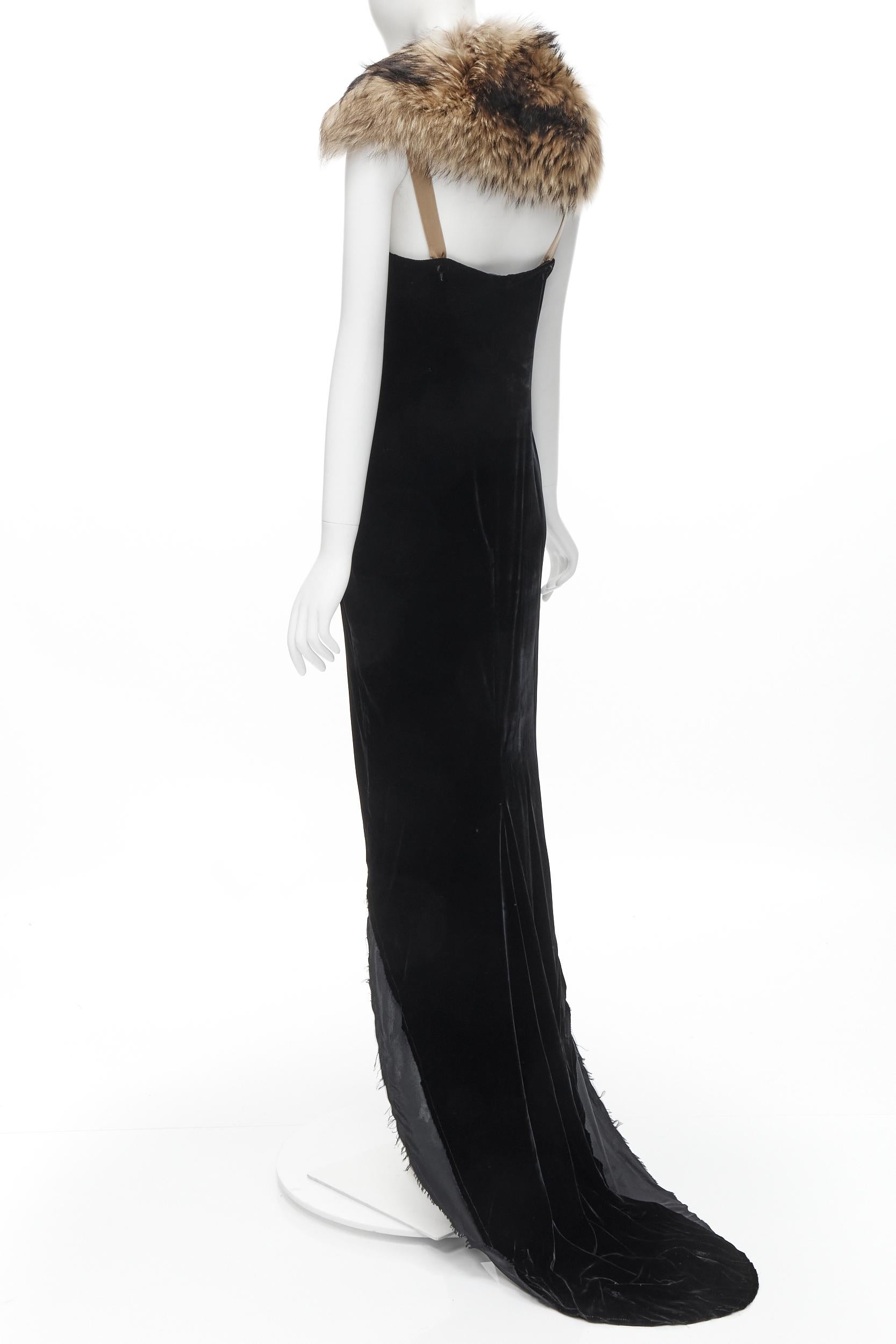 Women's LANVIN 2004 fur shawl collar black velvet raw cut high low gown dress FR38 S