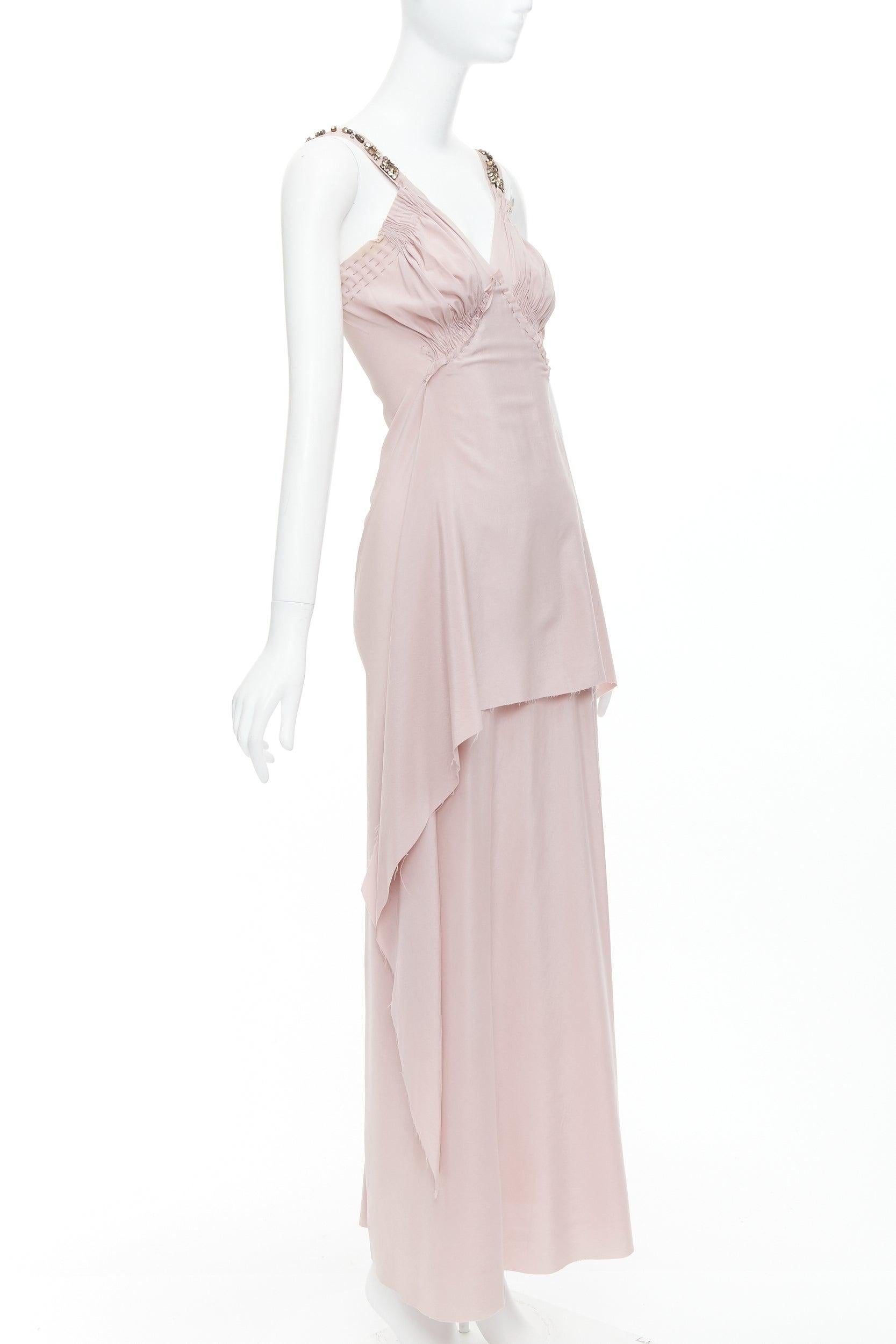 Beige LANVIN 2005 100% silk blush pink crystal cascade drape evening gown FR38 M