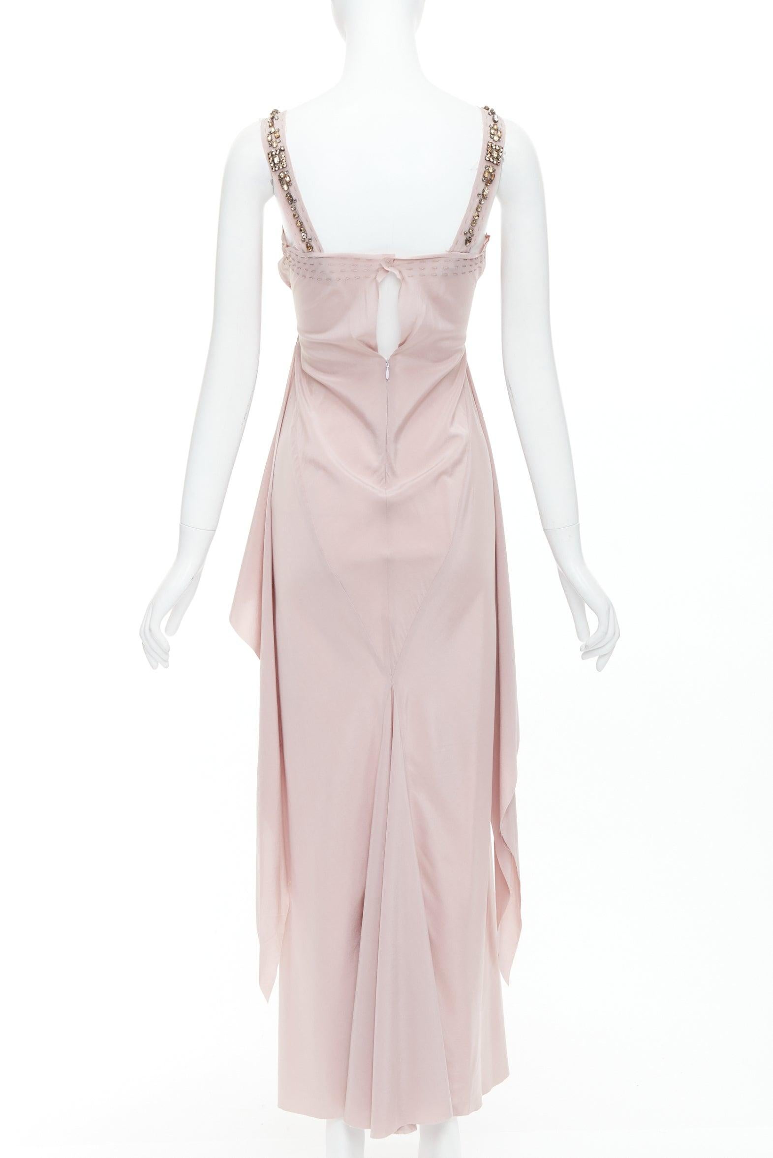 LANVIN 2005 100% silk blush pink crystal cascade drape evening gown FR38 M 1