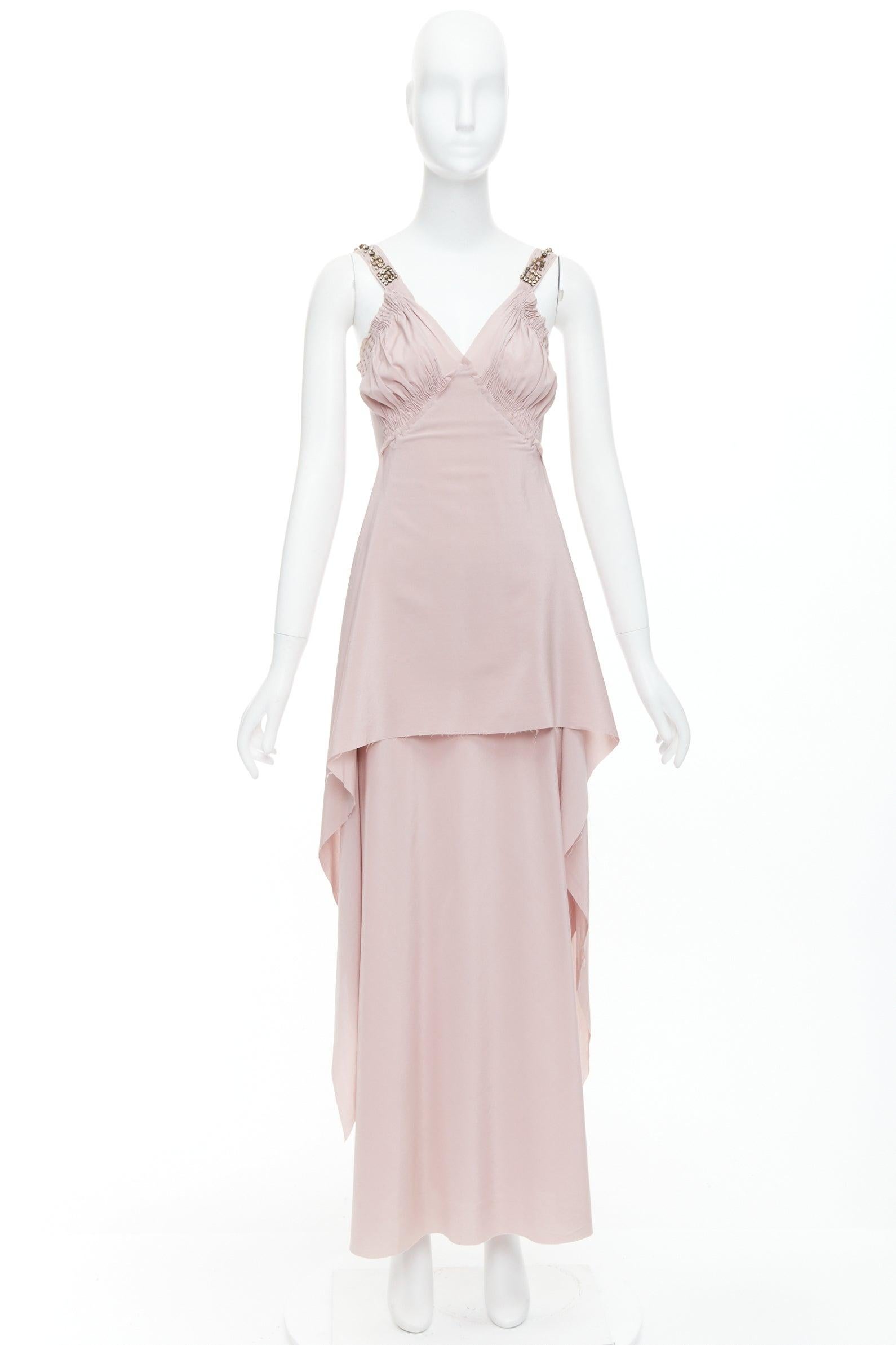 LANVIN 2005 100% silk blush pink crystal cascade drape evening gown FR38 M 4