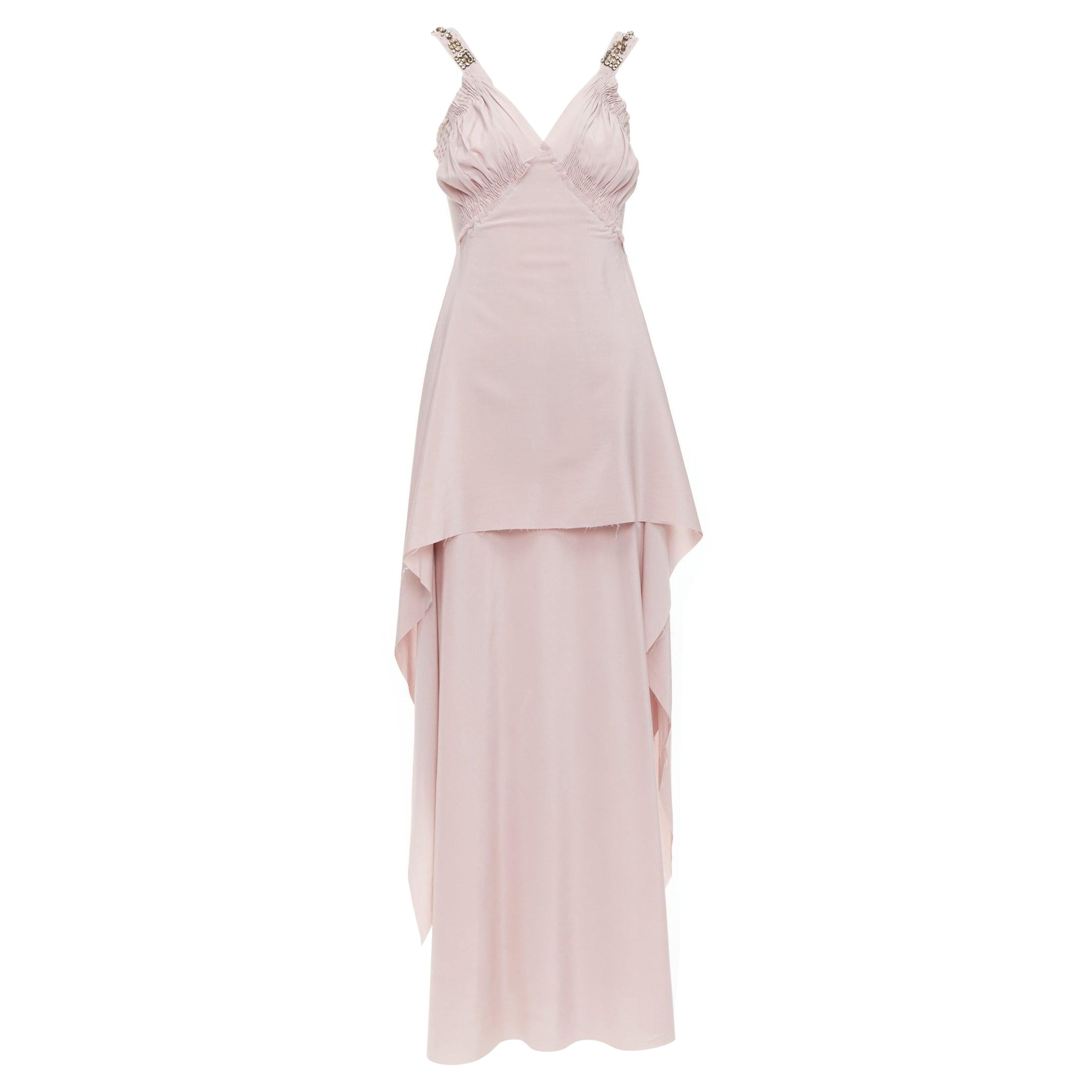 LANVIN 2005 100% silk blush pink crystal cascade drape evening gown FR38 M