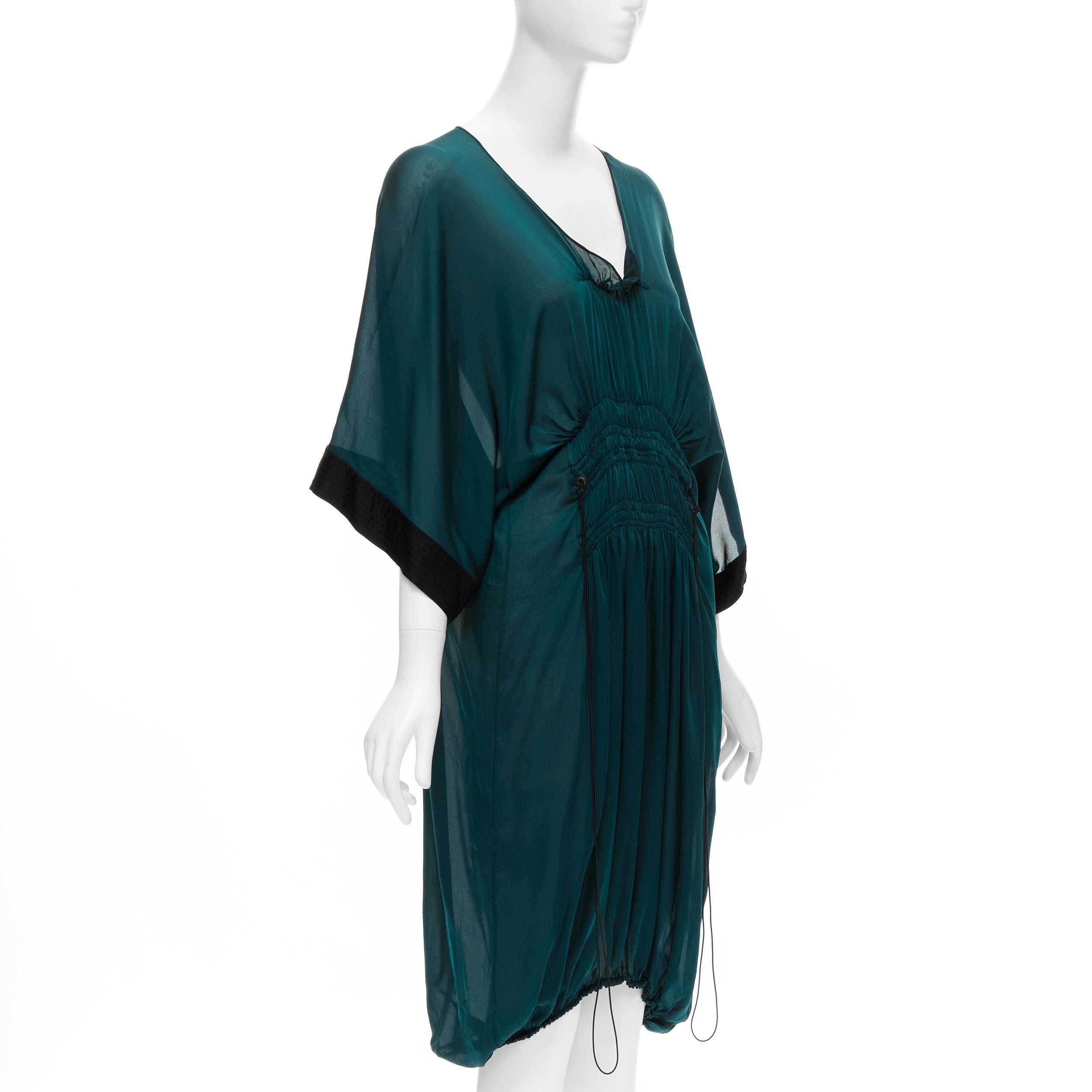 Black LANVIN 2005 Alber Elbaz green silk elastic ruched kimono sleeve dress FR38 S