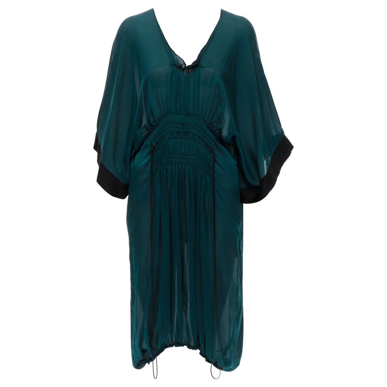 LANVIN 2005 Alber Elbaz green silk elastic ruched kimono sleeve dress FR38 S