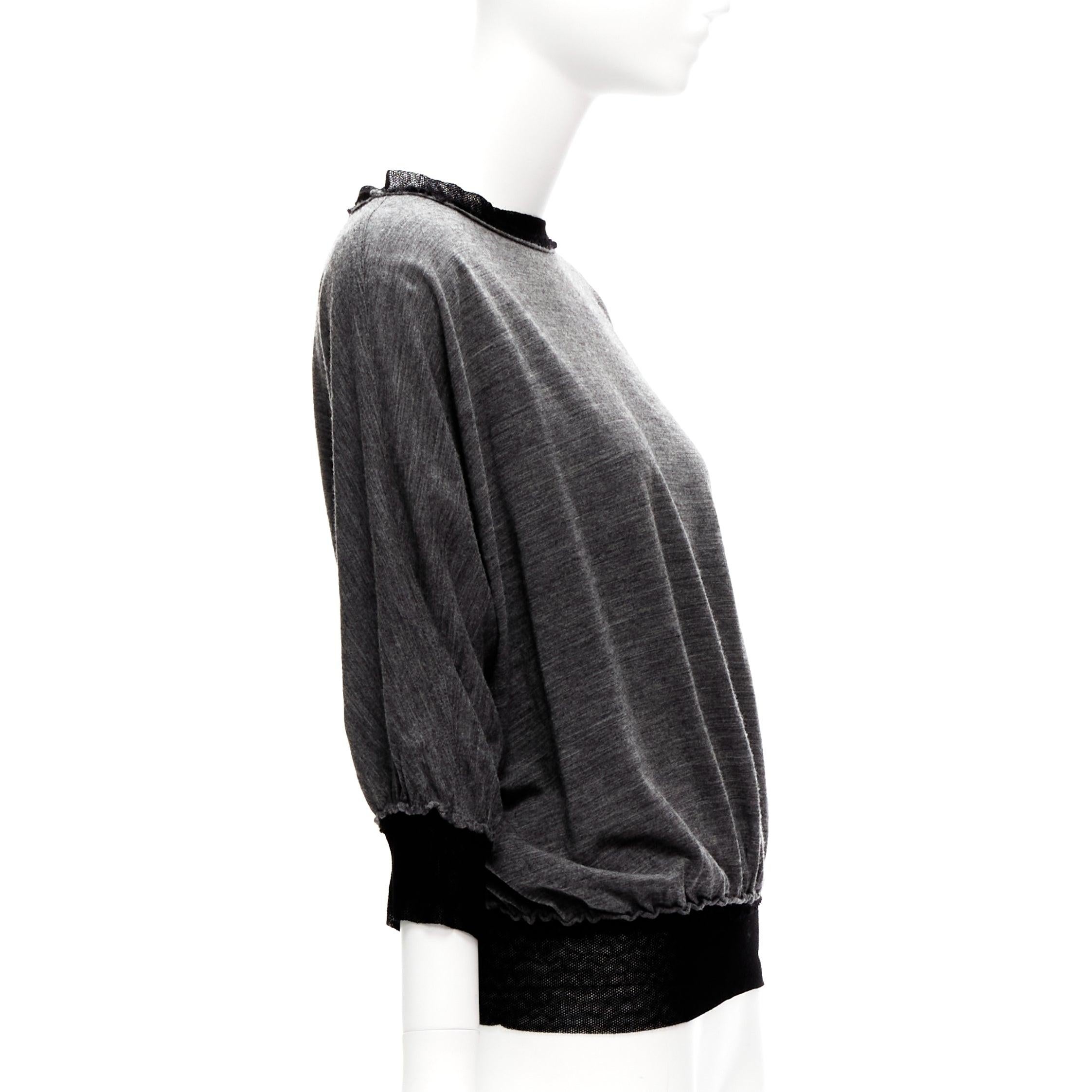 LANVIN 2005 grey wool cashmere mesh trim bateau batwing sweater FR38 M In Excellent Condition For Sale In Hong Kong, NT