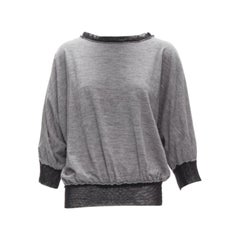 LANVIN 2005 Hellgrauer Wollpullover mit Kaschmirnetzbesatz und Fledermausmuster FR36 S